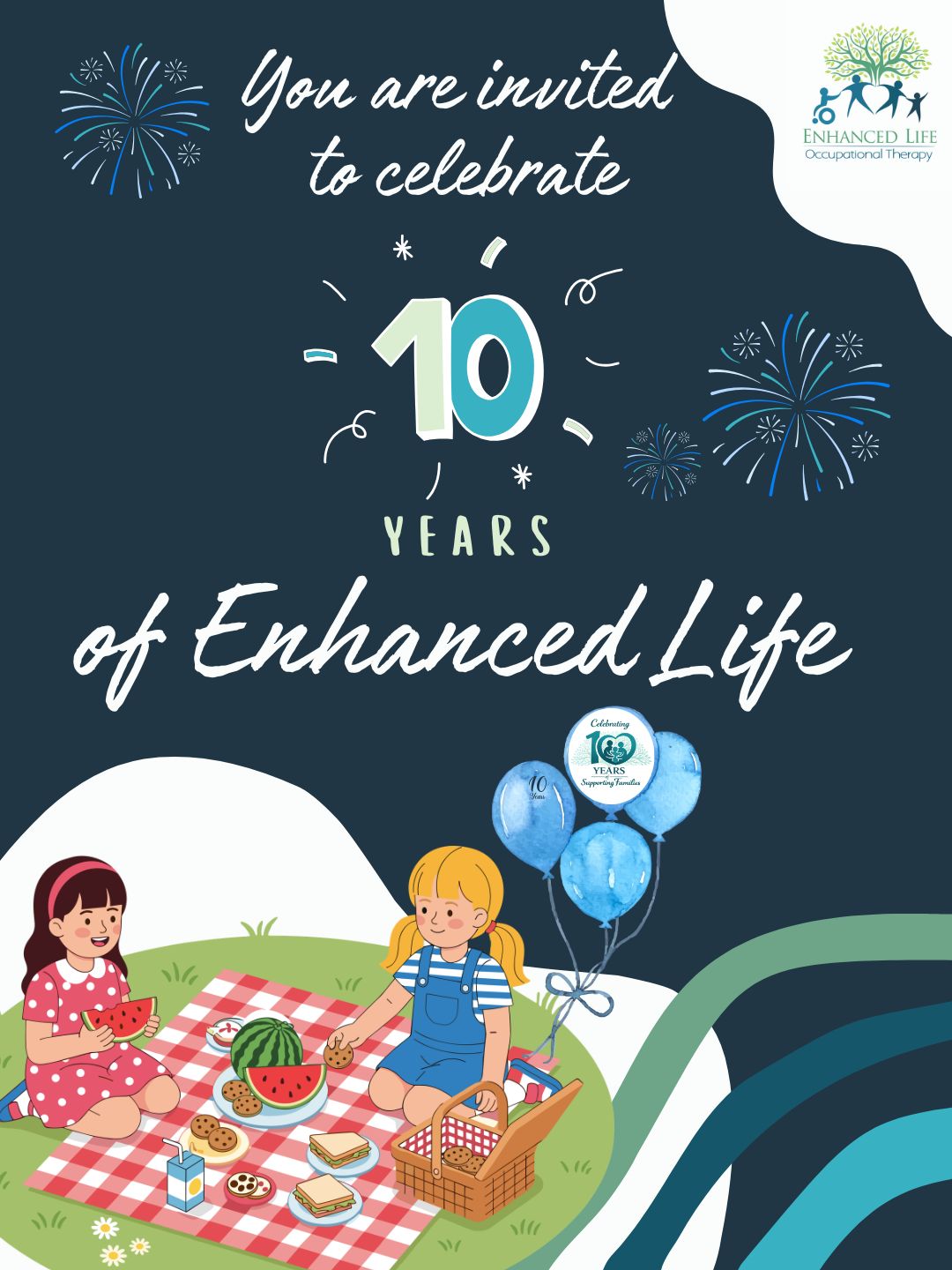 🎉 Celebrate 10 Years of Enhanced Life with Us! 🎉
🗓 March 28 | ⏰ 9–11am
📍 Winnererremy Bay Picnic Area, Mona Vale
Join us with your whole family for a fun-filled morning tea as we celebrate a decade of supporting Northern Beaches families! Enjoy activities, games, prizes, yummy treats, and plenty of laughter. We’re so excited to connect families with one another and bring the community together.
We can’t wait to celebrate with all our Enhanced Life families!
