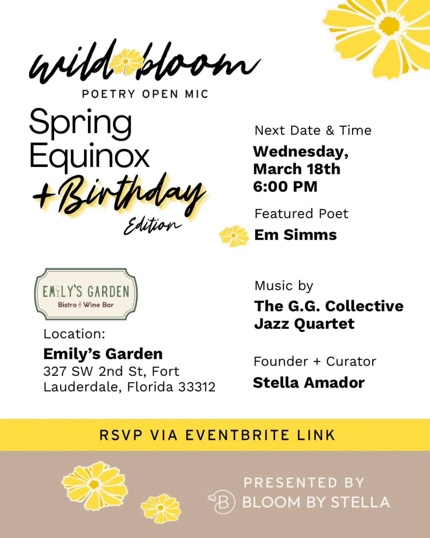 Wild Bloom Poetry Open Mic returns to Emily’s Garden 🪴
Celebrating the Spring Equinox + Birthday Edition.
This gathering marks a seasonal threshold, when light and dark find balance and what has been quietly rooting begins to rise.
We’ll also celebrate March birthdays within our creative community, including our featured poet Em Simms and founder Stella Amador, a lucky coincidence that makes this evening feel especially fitting.
🎤 Featured Poet: @em_simms_writer_and_creator
Em Simms is an Afro-Latina poet whose work explores memory, identity, and Dominican cultural inheritance. She holds a BA in Creative Writing from Florida State University and an MFA in Creative Writing from Full Sail University, graduating magna cum laude.
She has taught literature and writing at Florida Atlantic University and has spent more than two decades in federal public service. A mother of two daughters, Em’s poetry weaves personal story with collective memory — preserving heritage while reimagining it through voice and verse.
🎺 Music
To celebrate, we’ll have an expansive musical feature led by resident musician @izzimakesmusic with a jazz quartet from @gg.musicstudios
🌸 Founded + Curated by @stella.amador_ of @bloombystella
📅 Wednesday, March 18
⏰ 6:00 PM
📍 Emily’s Garden @emilysgardenus
✨ Jazz and poetry lovers welcome.
RSVP through the link in bio
.
.
.
#wildbloompoetry #poetryopenmic #browardarts #fortlauderdaleartist #Choose954
Reposted from @bloombystella