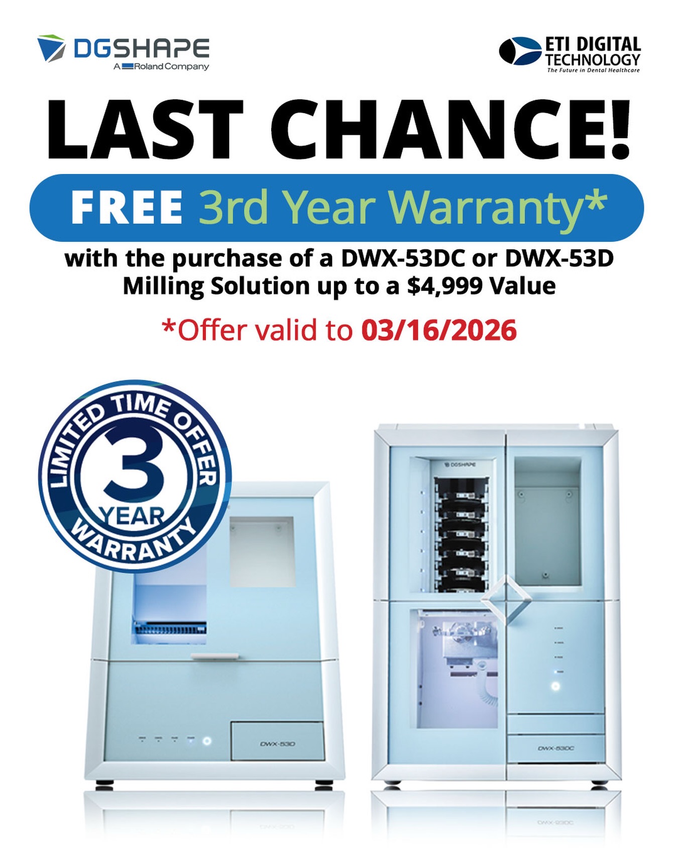 PROMO ALERT on Roland DWX-53D: The most trusted name in milling brings product confidence and value to a whole new level with the best warranty in the industry with not a 2-year, but a 3-Year FREE Warranty* (VALUED AT $4,999)! 🎉
.
The DWX-53DC and DWX-53D are built to build your dental business as a PMMA and Zirconia workhorse for milling digital dentures, crown and bridge applications, and more. The DWX-53DC makes 24-hour production as easy as 1,2,3…Power it on, let it go, and automatically mill jobs unattended. Roland is so confident in the DWX-53D Series that they are offering Roland DGA’s unsurpassed service and support with a FREE 3-Year Warranty for a limited time with purchase*. Offering complete confidence to users of all types, that’s the DGSHAPE Difference! 🫡
.
*Offer valid NOW to 03/16/2026. 🤗
.
📚 Don’t miss out on this awesome opportunity and get the latest Roland Dry Mill today, contact ETI Digital Technology today at 714-238-1490 or sales@etidigitaltechnology.com! 🥰
.
#DentalMilling #Drymilling #Vaniman #BOFAVacuums #Dentistry