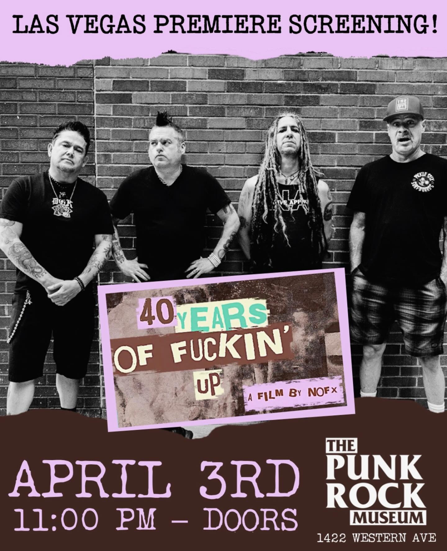 Just announced @40yearsoffuckinup will have a Las Vegas premiere at @thepunkrockmuseum on April 3rd for a special midnight screening. Doors are at 11 pm. Get your tickets here https://afilmbynofx.ticketspice.com/prm4312.