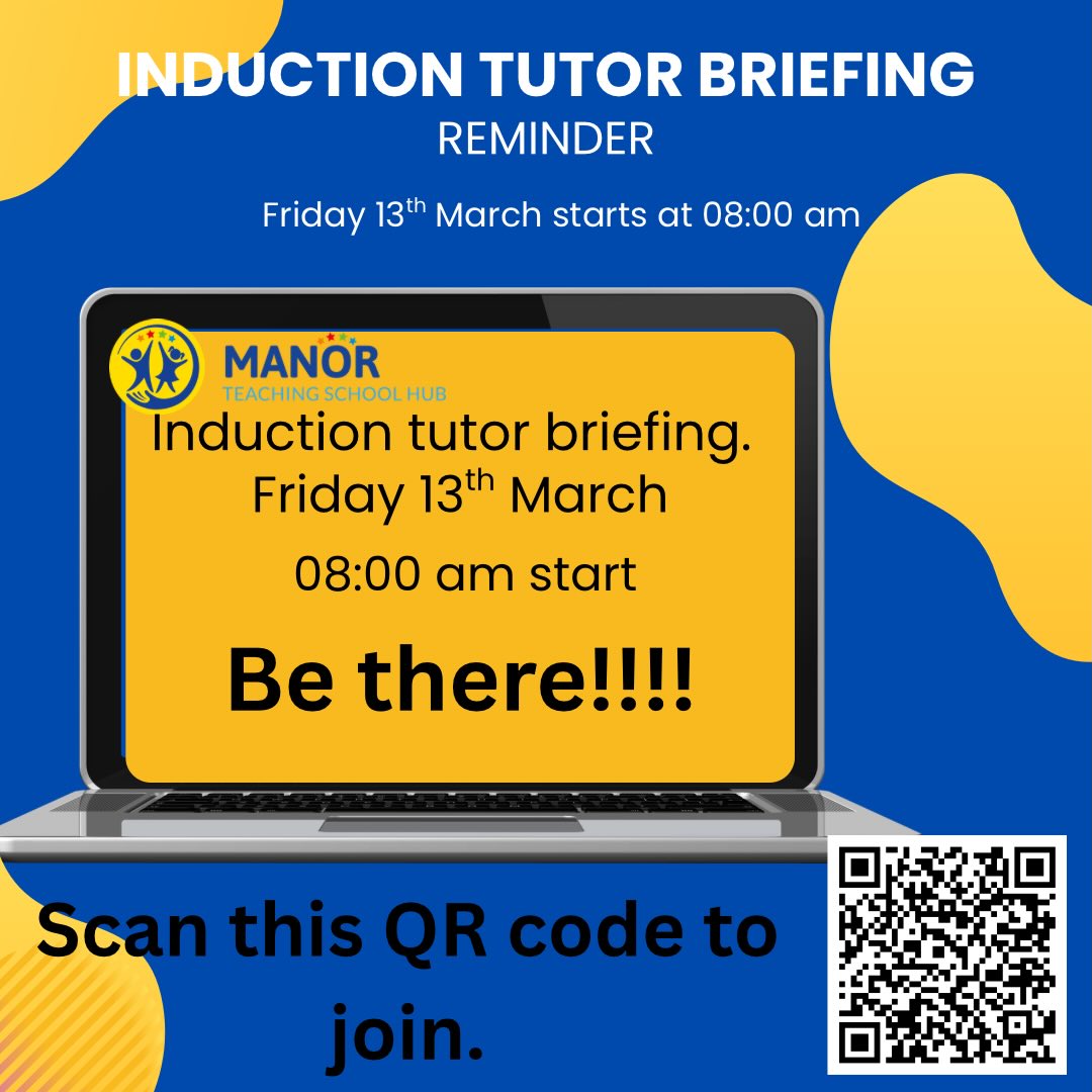 Reminder! ⏰
Induction Tutor Briefing takes place this Friday 13th March at 8am. Make sure you’re ready to join. Simply scan the QR code to access the session. We look forward to seeing you there! 📚✨
#inductionbriefing #scantojoin
@manormultiacademytrust @ambition.inst