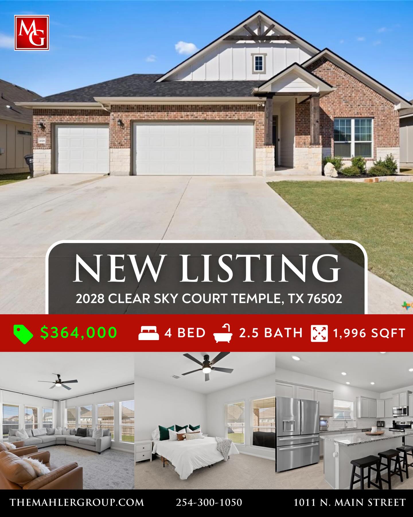 NEW LISTING AVAILABLE! 🏡🔑
2028 Clear Sky Court Temple, TX 76502
4 Bed/2.5 Bath 1,996 Sqft
$364,000
IMMACULATE 2023-BUILT, ONE-STORY HOME IN MESA RIDGE AND HIGHLY SOUGHT-AFTER BELTON ISD! This light and bright 4-bedroom, 2.5-bath beauty offers a spacious open floor plan and standout curb appeal with a brick-and-stone craftsman exterior, wide driveway, and rare 3-car garage. Inside, a neutral color palette pairs perfectly with tile flooring throughout the main living areas and plush carpet in the bedrooms. The showstopping kitchen is designed for everyday living and entertaining—featuring an abundance of cabinetry, granite countertops, subway tile backsplash, stainless steel appliances, and a dedicated working island with bar seating, all illuminated by ample recessed lighting. The generous dining area provides plenty of space for hosting, while the living room is flooded with natural light thanks to expansive west- and south-facing windows. The spacious primary suite opens into a double vanity bath complete with granite countertops, a private toilet room, soaking tub, and step-in shower. Secondary bedrooms are nicely sized and conveniently located near the laundry room and guest bath. All bedrooms are equipped with ceiling fans for maximum comfort! Enjoy easy outdoor living from the large, fully covered back patio complete with an installed sunshade, two ceiling fans, and a full gutter system for rainy days. The private backyard is fully irrigated and offers plenty of room to run, play, and relax. This beautiful home on a cul-de-sac street checks all the boxes—don’t miss it!***Target move-out date beginning of June.***