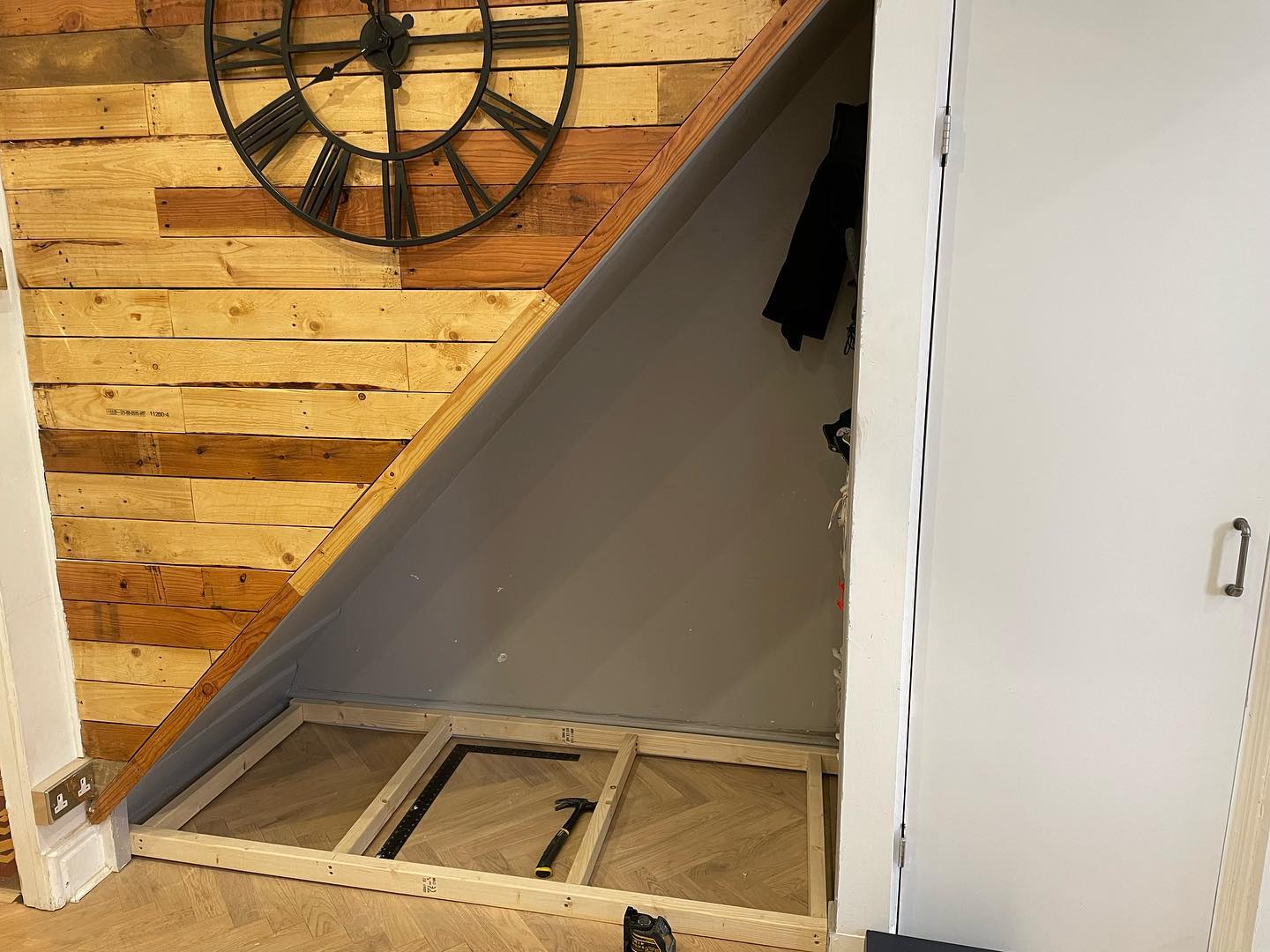 First job of 2022 ☑️.
Under stair unit with 2 pull out drawers and cupboard with a pull out coat rack. Look forward to seeing this painted and customers choice of handle. #Brenbuilding
