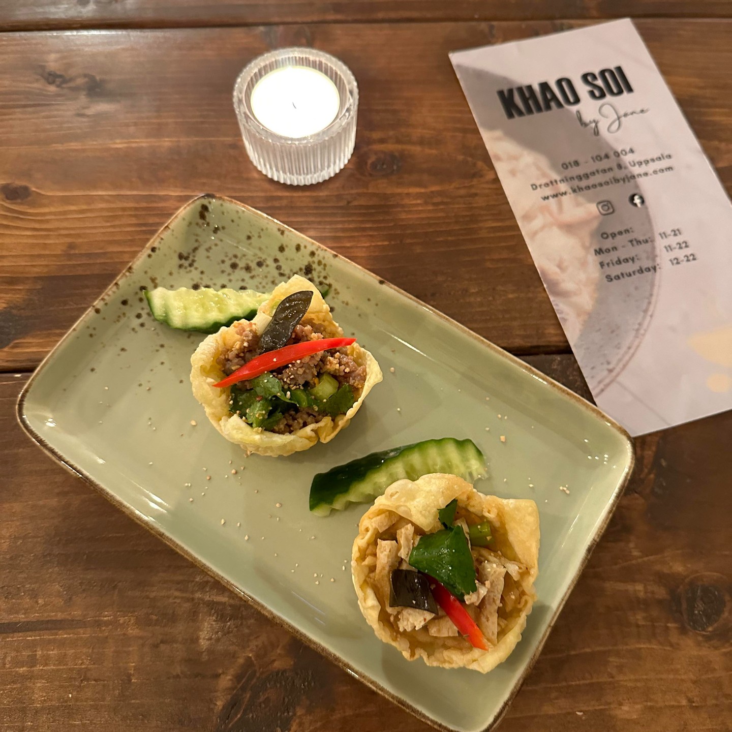 New specialties, available Fridays and Saturdays:
Laab Kratong (starter) - Spice sour minced salad (optional proteins) in fried crispy rice paper.
Pork/Chicken/Vegetarian-Vegan
Kanom-jeen Kang-keawwaan - Thai rice noodles (vermicelli) and Green curry with Beef/Shrimps/Chicken/Tofu
Welcome!