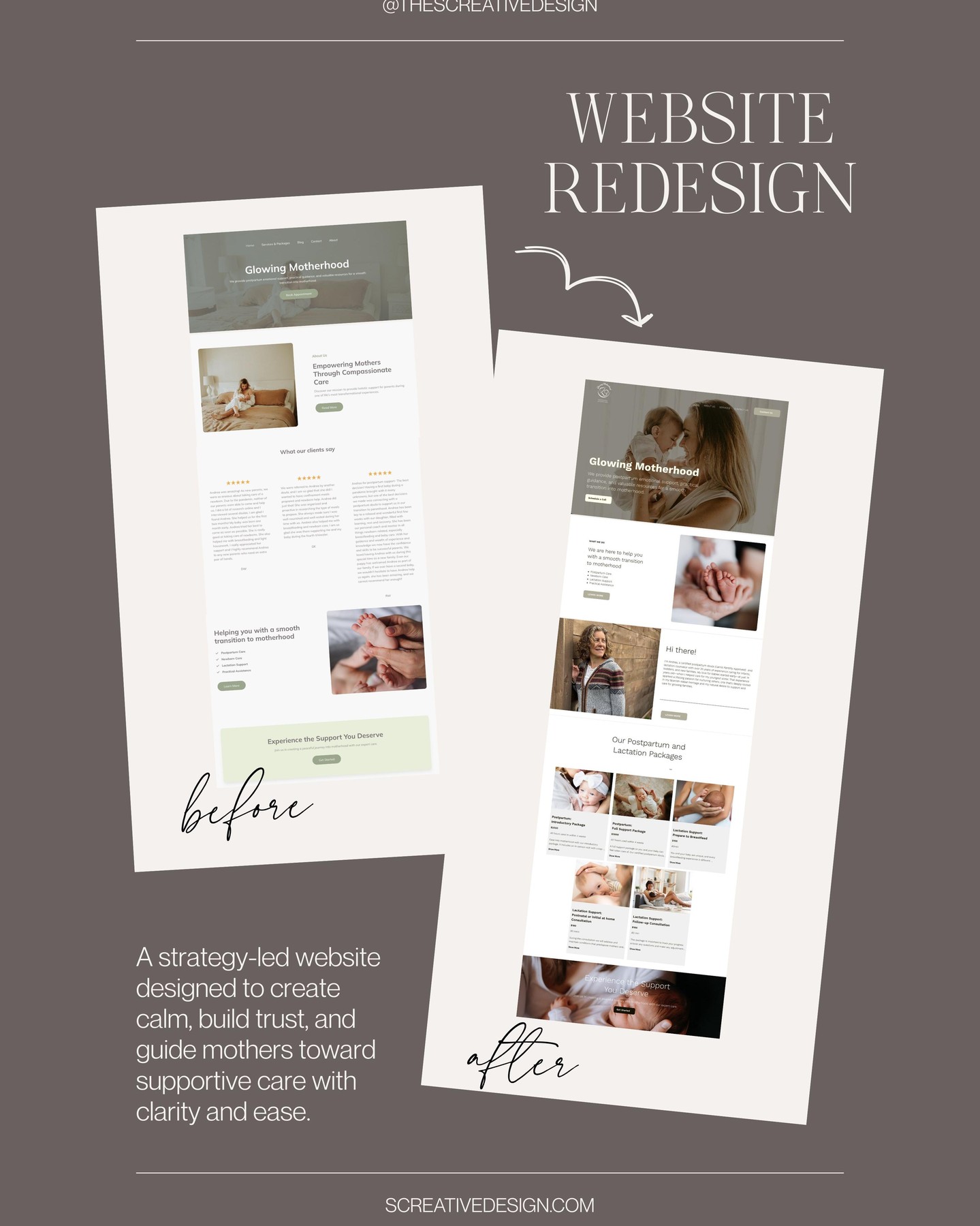 Our client's website went from basic to calm, supportive and aligned with her audience.
See how a strategy-first rebrand builds trust for mothers. We transformed a basic site into a welcoming space that builds trust and invites mothers to feel taken care of and guided in their journey.
Every section was designed to guide, reassure, and connect. The result? A website that not only enhances her brand, but that has results, an increase in on page traffic, and leads coming in.
All website redesigns start with strategy.