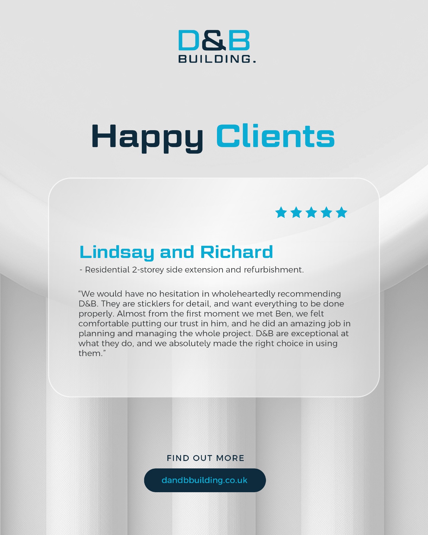 Happy clients always ⭐️
There’s nothing more rewarding than hearing from the families who trust us with their homes. From the first meeting to the final handover, we’re committed to clear communication, careful planning and workmanship that stands the test of time.
Feedback like this reminds us why we do what we do - creating spaces that feel right, function beautifully and are built with care at every stage.
Get in touch with our team today for a free visit and quote 🙌
🌐 dandbbuilding.co.uk
📲 01727 514020 | 07764745711
📧 ben@dandbbuilding.co.uk
📍 St Albans, Hertfordshire
We work primarily in Hertfordshire, with recent projects in Redbourn, Harpenden and St Albans.
#HertfordshireBuilders #StAlbansConstruction #HertfordshireConstruction #StAlbansBuilders #HomeRefurbishment