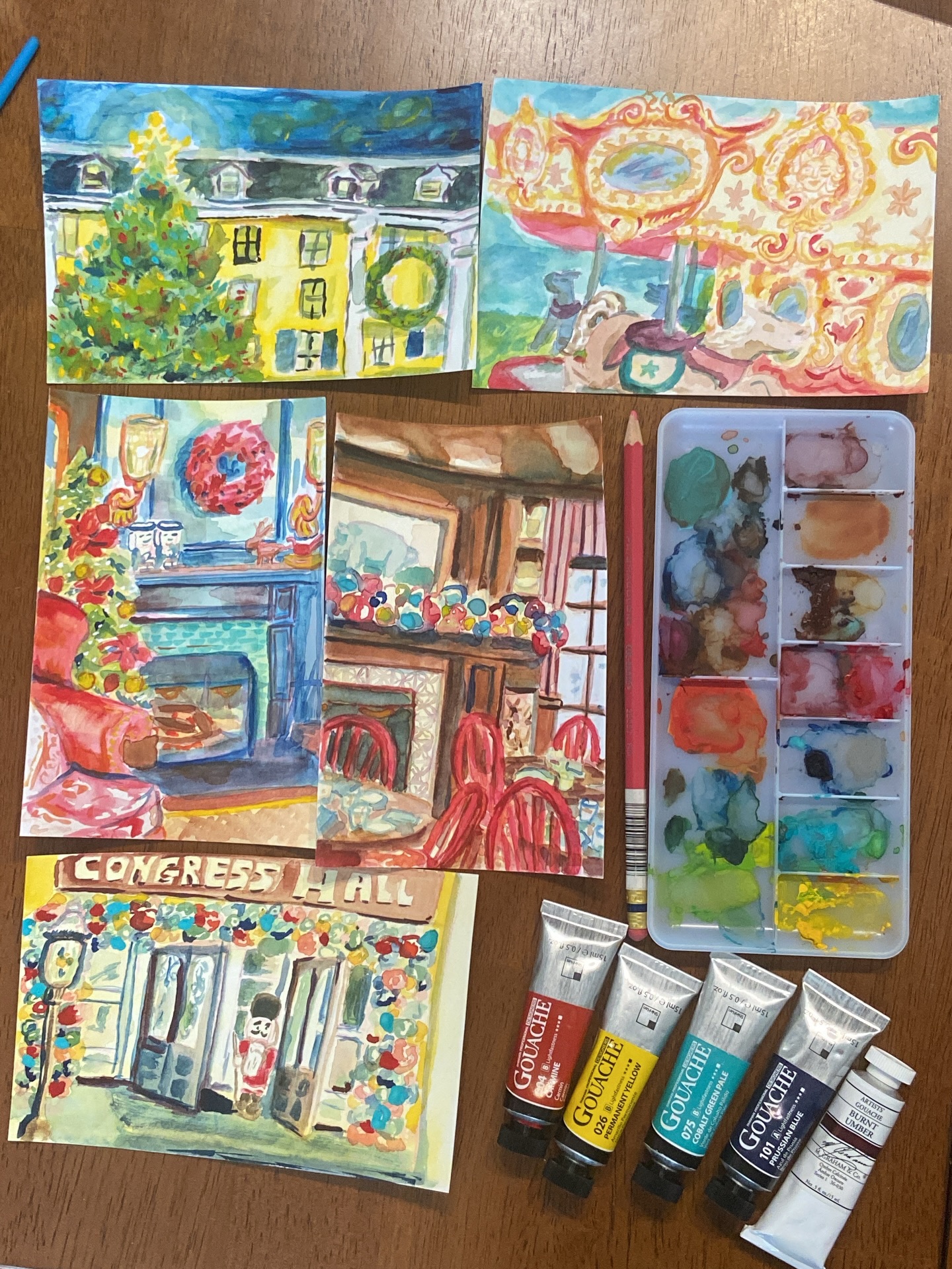 I added a new painting yesterday to my Christmas in Cape May Gouache Series 😊 It’s pretty neat to see how different the first three are that I painted in December versus my two most recent ones. Rest of the carousel has the work in progress photos of the newest painting.
I’m curious to see how many paintings I’ll have done before this upcoming December. I can’t wait to put all the prints together for a book for my little niece and nephew for when we go down to Cape May this winter. Lots of happy memories down there so it’s fun to keep the Christmas Vacation tradition continue as my family keeps growing with nieces and nephews and my siblings getting married.
The first three gouache paintings are available as prints on postcards and cards on Redbubble. Once I have a few more art pieces between this series and linocut prints I’ll upload some more to have available as cards etc…
Happy Friday!
#christmasincapemay #christmas #capemaynj #gouachestudy #fyp