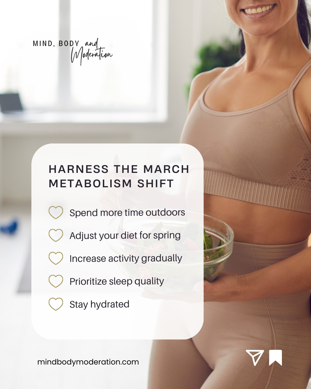 March often brings a subtle metabolism boost due to increased daylight and improved circadian rhythm alignment.
To work with your biology, get morning sunlight exposure, shift toward lighter seasonal foods, add strength training gradually, protect sleep consistency, and increase daily water intake.
These steps support insulin sensitivity, energy production, and hormone balance.
Pick one habit and commit to it for 7 days.
Learn more at https://www.mindbodymoderation.com/post/the-march-metabolism-shift-why-fat-loss-gets-easier-in-spring
#MetabolismSupport #WomenOver40 #HealthyLifestyle #HormoneHealth #SpringEnergy