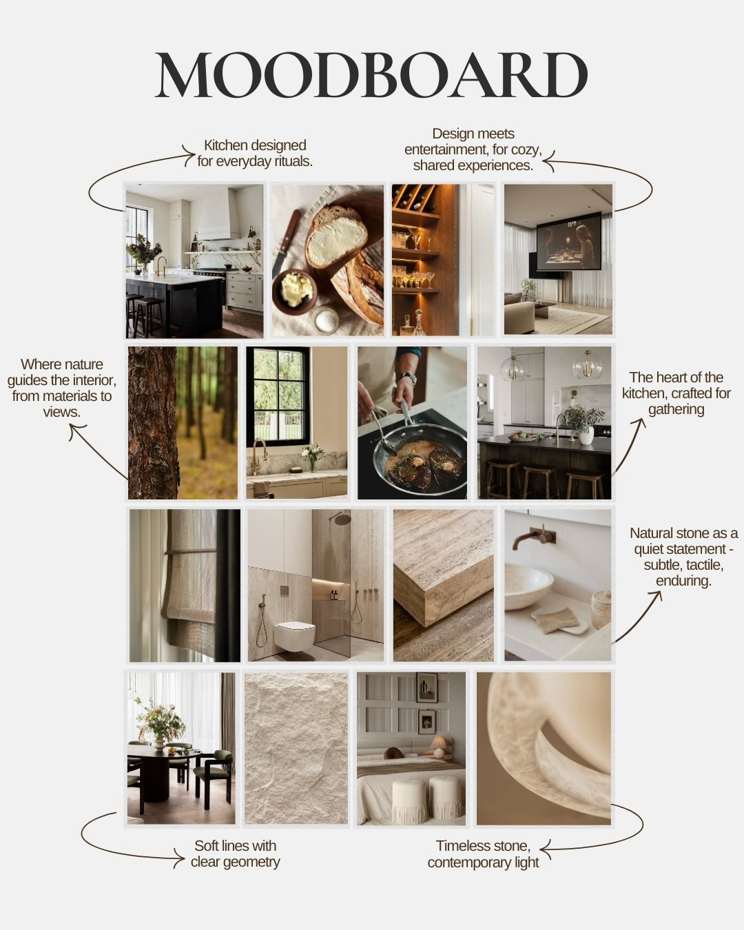 Good design begins long before the drawings.
The bread and butter of a project is the moodboard - where we start understanding the client, their lifestyle and daily rituals, and the feeling they want their home to hold, translating all of this into a spatial language.
For this project, the kitchen became the heart of the home - a place for gathering, cooking, and sharing homemade meals together.
Which detail would you steal for your home?
Save for inspiration 🤍 #moodboards #interiordesign #concept #material #homedesign