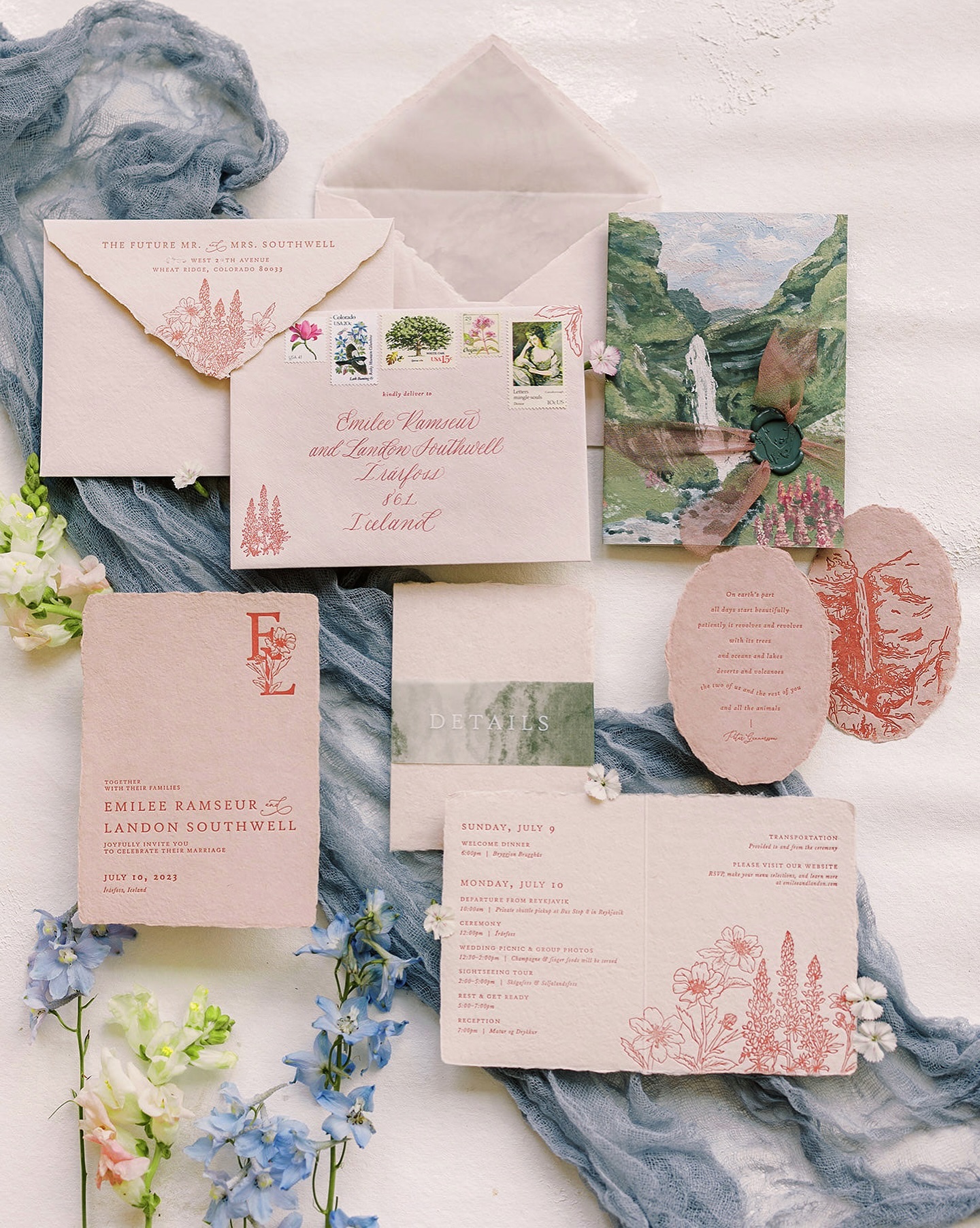 Anyone else wish they were cooling off under a beautiful waterfall right now?
This stunning setting for Emiliee and Landon’s intimate Iceland wedding was perfectly captured in a gorgeous painting by @amyelizabethartistry for their invitations. The handmade paper and hand calligraphy addressing added extra special details that were carried through to their place settings on the big day ✨
Photo 1: @samanthajayphoto
Invitations & artwork: @amyelizabethartistry
Calligraphy: @allicatcalligraphy
Iceland Photography: @styrmir_heiddis
Planning: @pinkiceland
#weddingcalligraphy #weddinginvitations #destintionwedding #bespokeinvitations #icelandwedding #envelopecalligraphy #vintagepostage