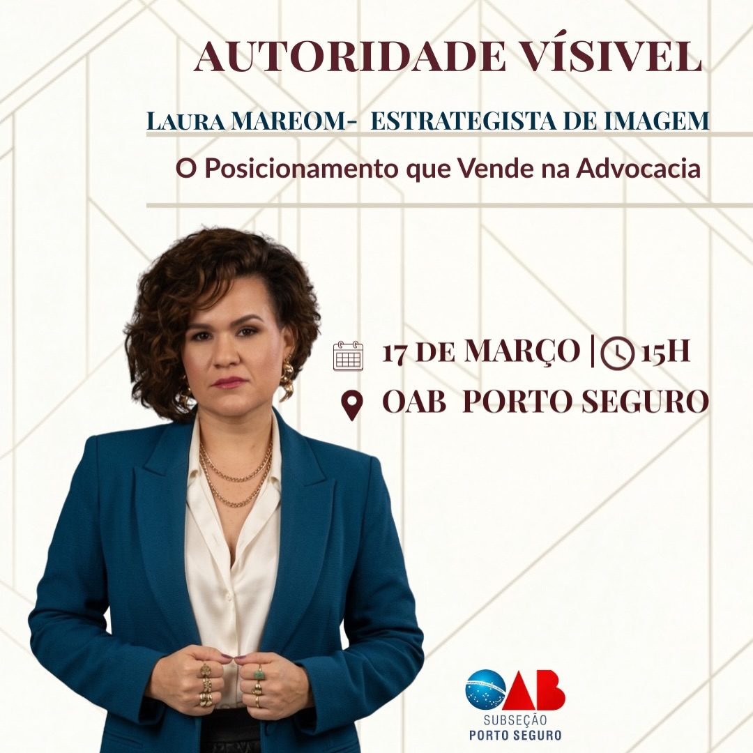No dia 17 de março, na OAB Porto Seguro, vamos conversar sobre como estruturar uma presença profissional coerente com o nível de excelência que você já possui.
Uma palestra sobre imagem, percepção e posicionamento estratégico na advocacia.
Para quem entende que presença também constrói autoridade.
📍 OAB Porto Seguro
🗓 17 de março
⏰ 15h
Garanta sua participação
Inscrição no link da bio.