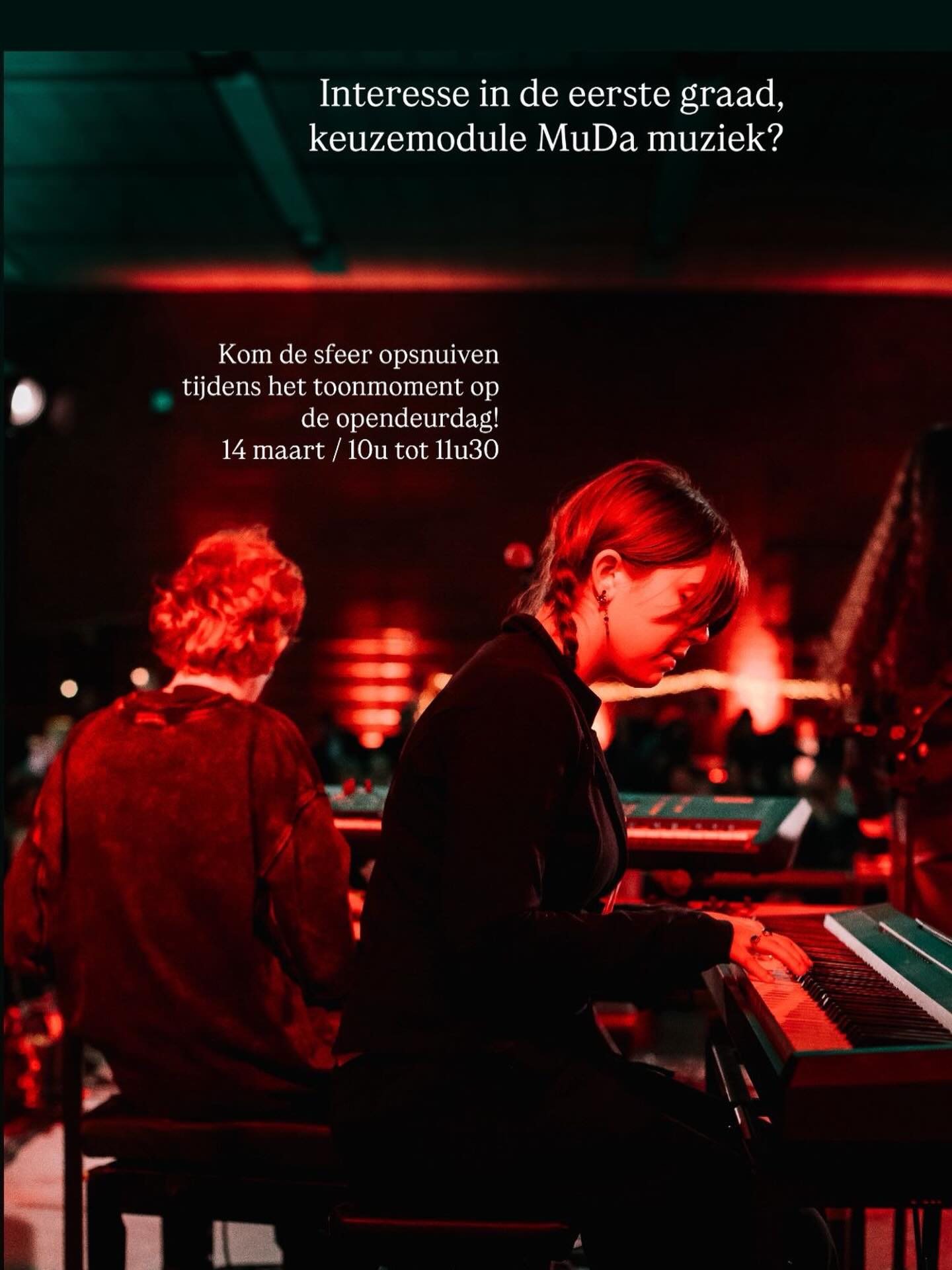 Interesse in de eerste graad, keuzemodule MuDa Muziek? Kom de sfeer opsnuiven tijdens het toonmoment op onze opendeurdag! 📅 Zaterdag 14 maart, van 10u tot 11u30.