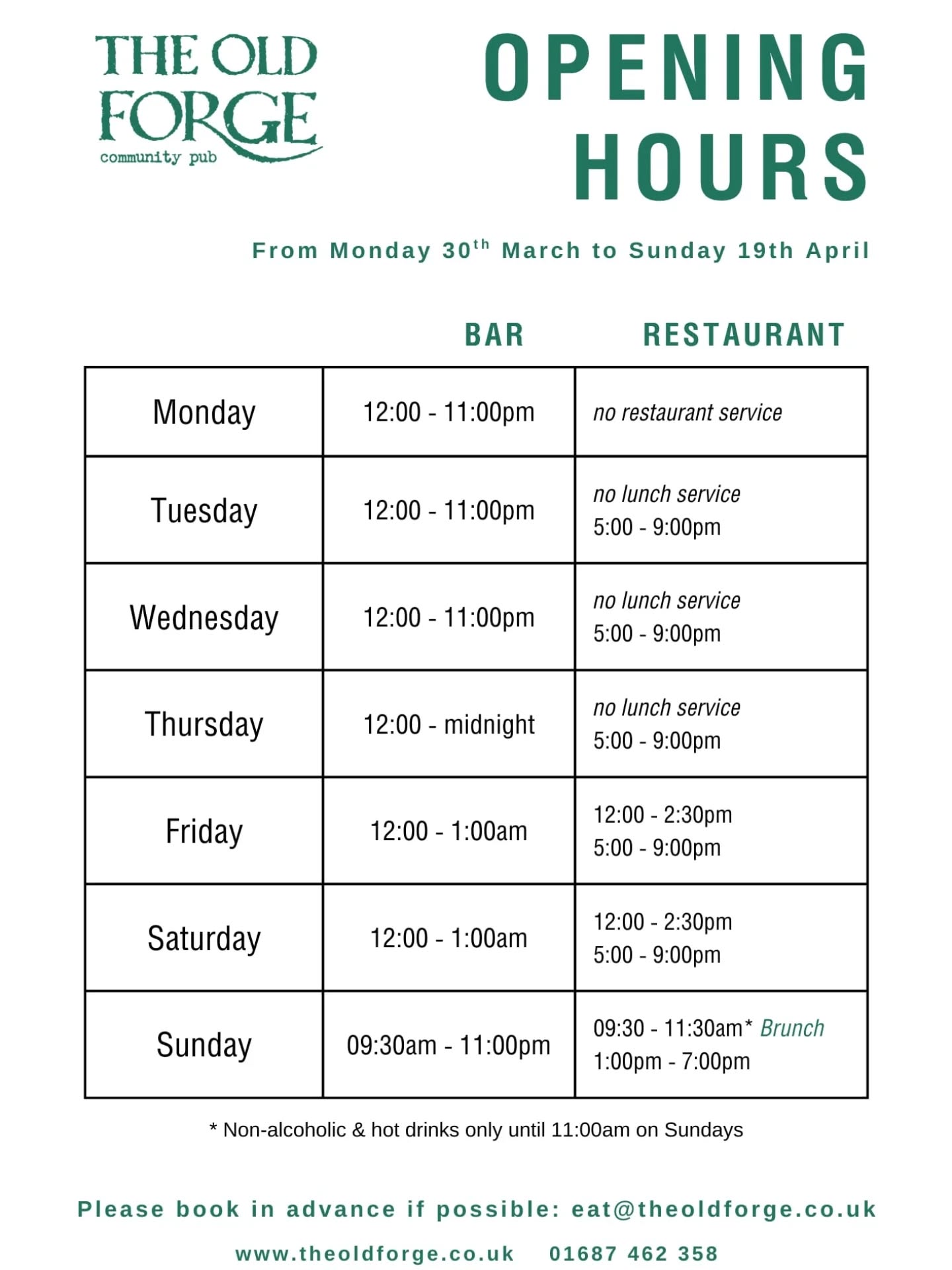 SUMMER HOURS ~ Interim hours will run Mon 30th March to Sun 19th April while we welcome and train all our lovely new staff for the season!
Full summer hours will kick in from Mon 20th April. ☀️
