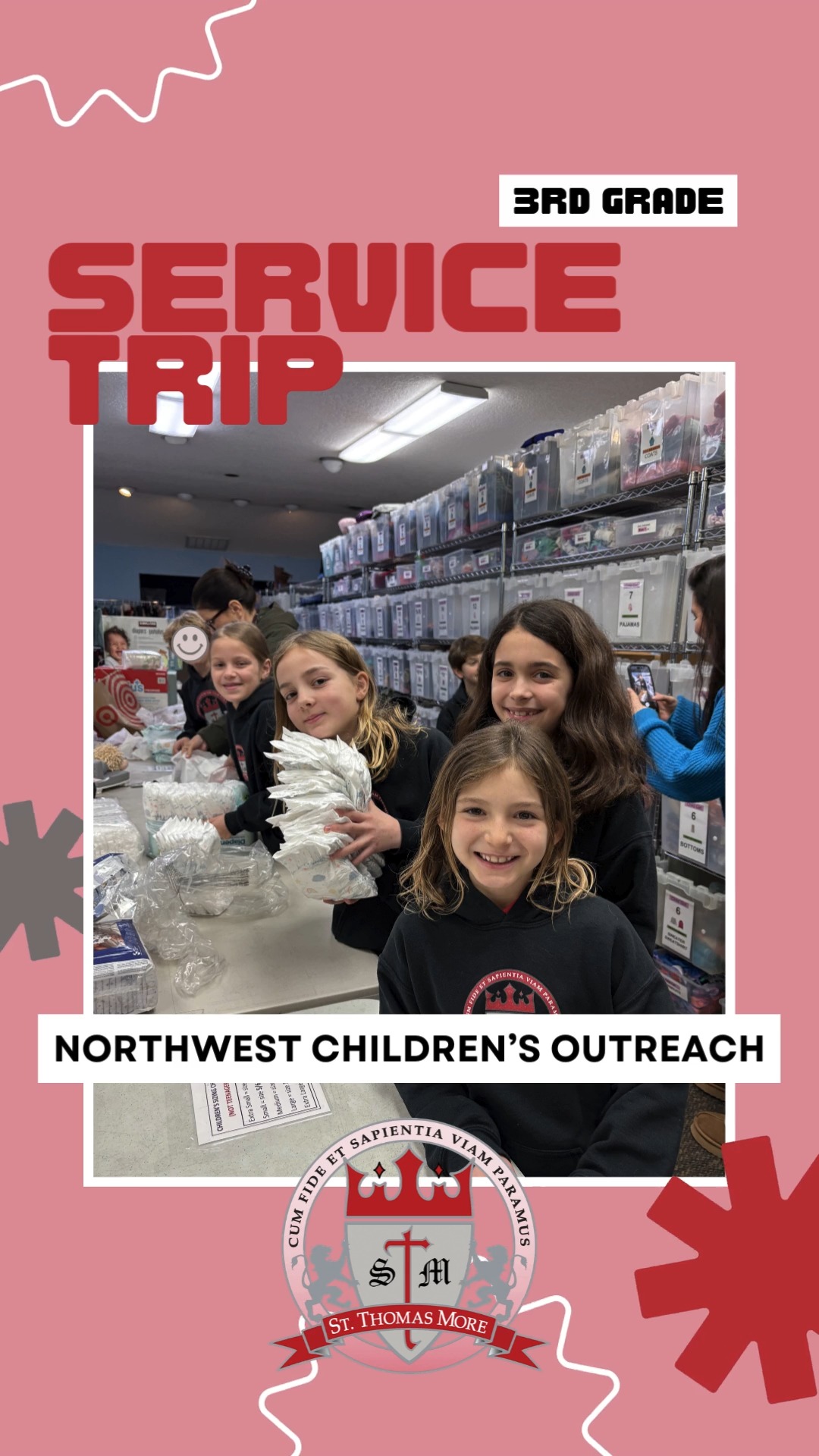 ✨ Project H.O.P.E. ✨
Today, our 3rd graders took a meaningful field trip to Northwest Children’s Outreach in Beaverton. During their visit, students learned how this incredible organization supports children in our community by providing essential items like clothing, diapers, school supplies, and other basic needs to families experiencing hardship.
Through hands-on service, our students helped sort and organize donated items that will go directly to children across the region. It was a powerful opportunity for them to see how small acts of kindness can make a big difference.
Northwest Children’s Outreach partners with social workers, schools, and community agencies to ensure that children have the essentials they need to thrive. We are so grateful our students were able to witness their impact firsthand and be part of such meaningful work.
Thank you to the volunteers at Northwest Children’s Outreach for welcoming our students and inspiring them to serve others! Thank you to Mrs. Bekar and our parent chaperones for making it possible. 💕
#ProjectHOPE #fieldtrip #service #ElementaryEducation #helpingothers #HandsOnService #3rdgrade #STMBulldogs #StThomasMoreSchool #CatholicEducation #communitysupport #catholicschoolportland
#privateschool #stthomasmorecatholicschool #PDXCommunity #CommunityPartners #NorthwestChildrensOutreach #donations #diapers