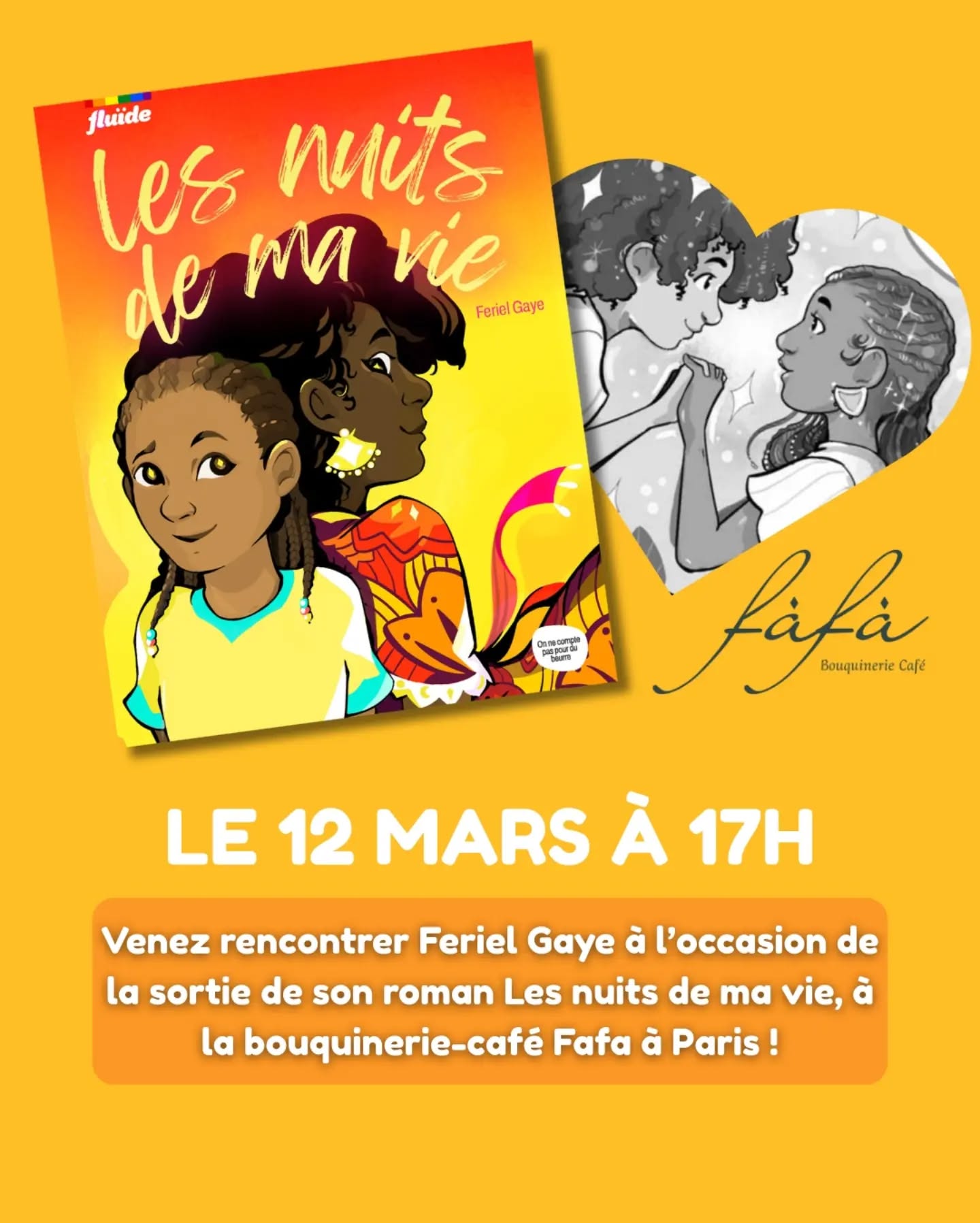 C’est bientôt la sortie de Les nuits de ma vie !!!
À cette occasion, retrouvez Feriel Gaye pour une dédicace à la bouquinerie-café Fafa à Paris, le 12 mars à 17h 🌈
@fafa.bouquinerie.cafe @purplefefe_
#afrofeminisme #fluide #litteratureado #onnecomptepaspourdubeurre #romance