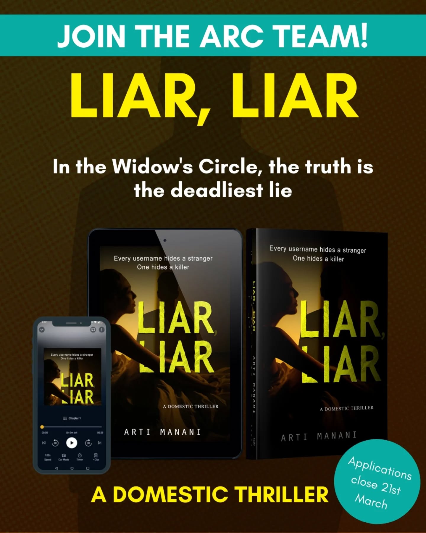 ARC applications for this domestic suspense thriller are open until 21st March!!
Are you joining?
Synopsis:
Judy Harper never meant to lie. At least, not about something like this. But the Widows’ Circle, an online bereavement forum, is full of women who understand grief and loneliness, and Judy has never needed this
connection more.
What begins as a place of comfort quickly turns sinister when members of the group start disappearing. Their stories end abruptly. Their usernames vanish.
Judy is forced to question the people she’s trusted, the secrets she's shared and the true purpose of the forum she thought was helping her heal.
Is someone watching the widows? And is Judy next?
#ARC #ThrillerARC #domesticthriller