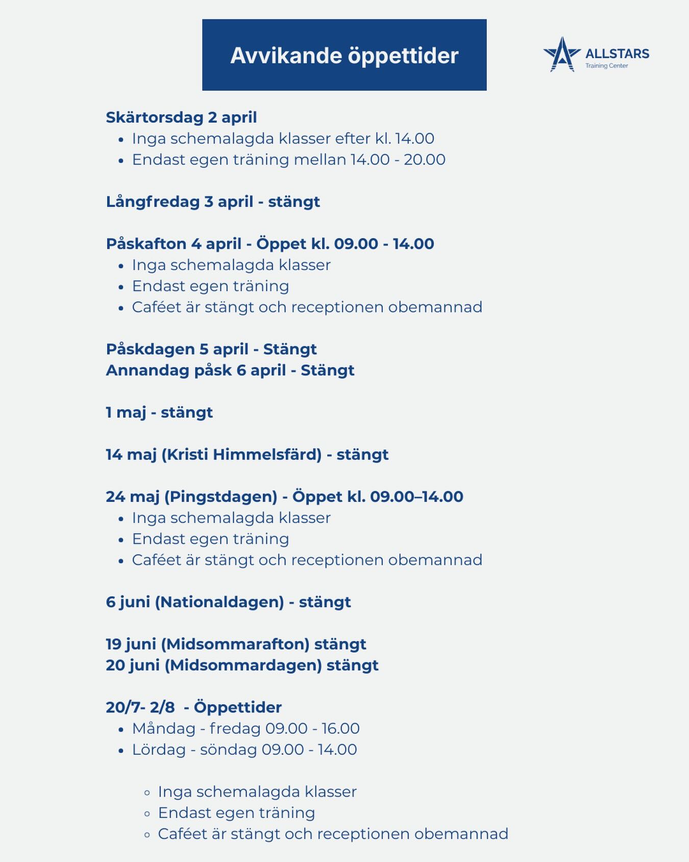 Ljuset är tillbaka och våren närmar sig! 🙌🏻
Här hittar du våra avvikande öppettider fram till sommaren.
Vi hoppas vi ses snart - varmt välkommen! 💛