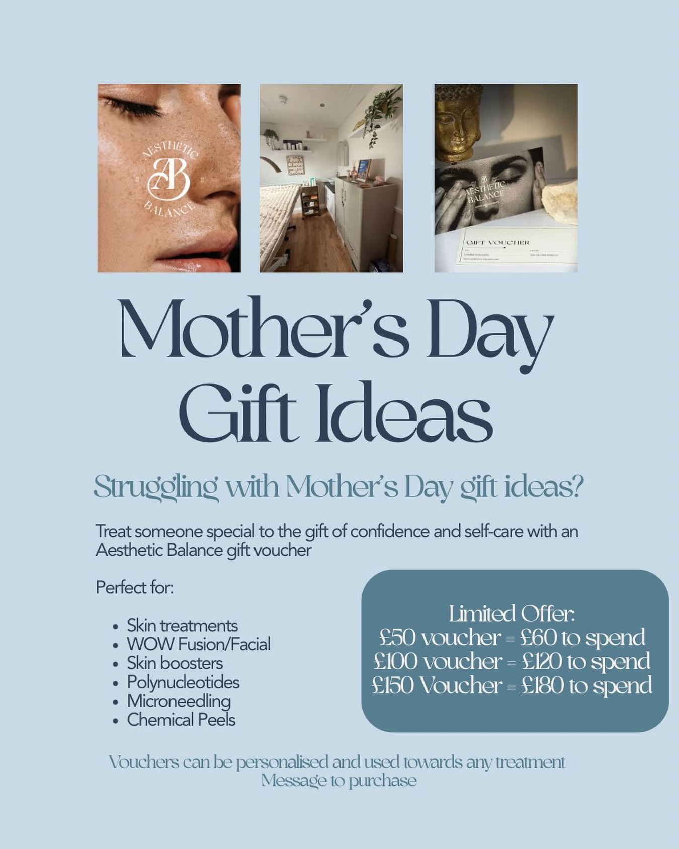 🌸 Mother’s Day Gift Vouchers 🌸
Looking for the perfect Mother’s Day gift?
Treat someone special to confidence and self-care with an Aesthetic Balance gift voucher.
For a limited time:
✨ £50 voucher = £60 to spend
✨ £100 voucher = £120 to spend
✨ £150 voucher = £180 to spend
Vouchers can be used towards treatments including:
• Skin rejuvenation treatments
• WOW Fusion, Facials
• WOW facial treatment for pregnant and breast feeding ladies
• Skin boosters
• Polynucleotides
• Microneedling
• Chemical peels
The perfect gift for someone who deserves a little self-care and glow.
📩 Message “VOUCHER” to purchase
⏳ Available until Mother’s Day 15th March 2026
#aesthetics #mothersday #gift #giftideas #nurse