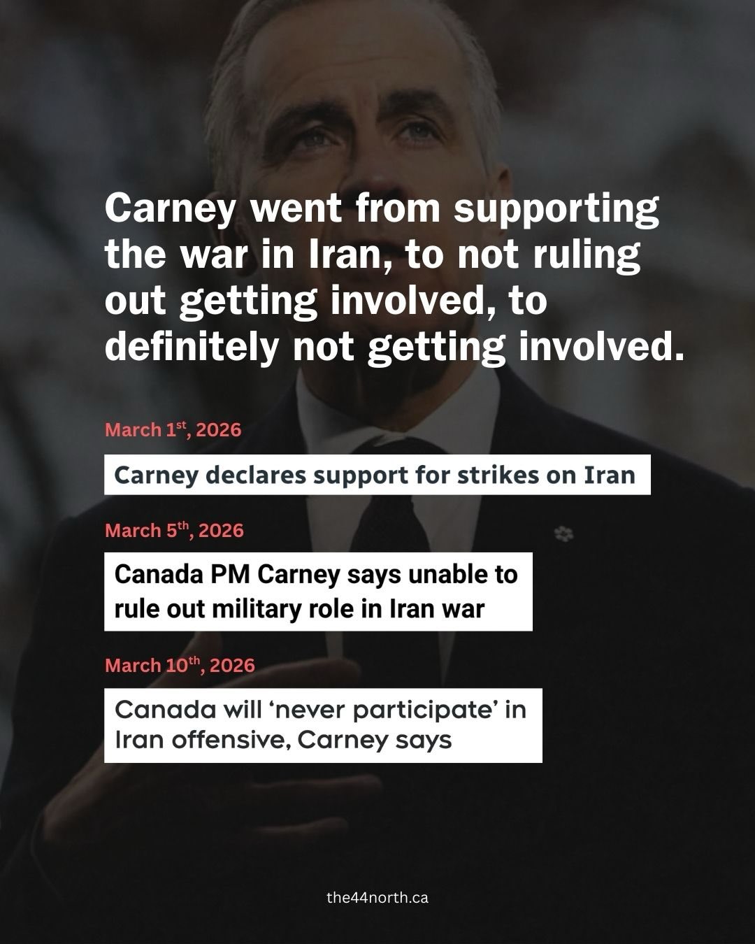The Prime Minister’s stance on the Iran war has been a bit...flippy-floppy. When violence started escalating, Carney echoed U.S. and Israeli narratives, framing Iran as the sole threat, all the while sidestepping the UN Charter, diplomacy efforts, and the overall legality of the strikes themselves.
Then he said he wouldn’t rule out getting involved.
Now, we are definitely not getting involved.
What are your thoughts on this one? 💬 How do we understand this escalation as Canadians?
#CanadaPolitics #Iran #IranWar #MarkCarney #CdnPoli
👉 The 44 North is a digital bi-monthly publication that aims to inform, empower, and inspire young people. Do you want to write for us? Support lifting up young people’s voices? Head to the 🔗 LINK IN THE BIO 🔗 👈