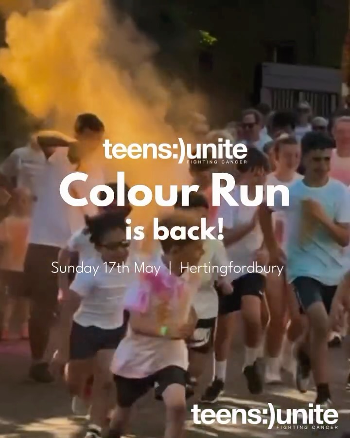By popular demand, the Teens Unite Colour Run is back for another year!🌈🏃
We will be heading to Hertford Prep (formerly St. Joseph’s In The Park) for another colourful 2.5km course!
As you race through, you’ll be showered with vibrant bursts of colour powder leaving you covered in a rainbow of fun creating a memorable experience for all! This is a challenge that everyone can take part in - whether you walk, jog or run, everyone feels a sense of achievement and has the opportunity to make a difference💚💜
With your support, Teens Unite can improve the lives of more teenagers and young adults living with, and beyond, cancer.
🎟️Early bird tickets are available now! Tap the link in our bio to secure yours today!
📆Sunday 17th May
⏰10:00 - 12:00
📍Hertford Prep, Hertingfordbury, SG14 2LX
#colourun #hertfordshire #charityrun #teencancer #hertfordshireevents