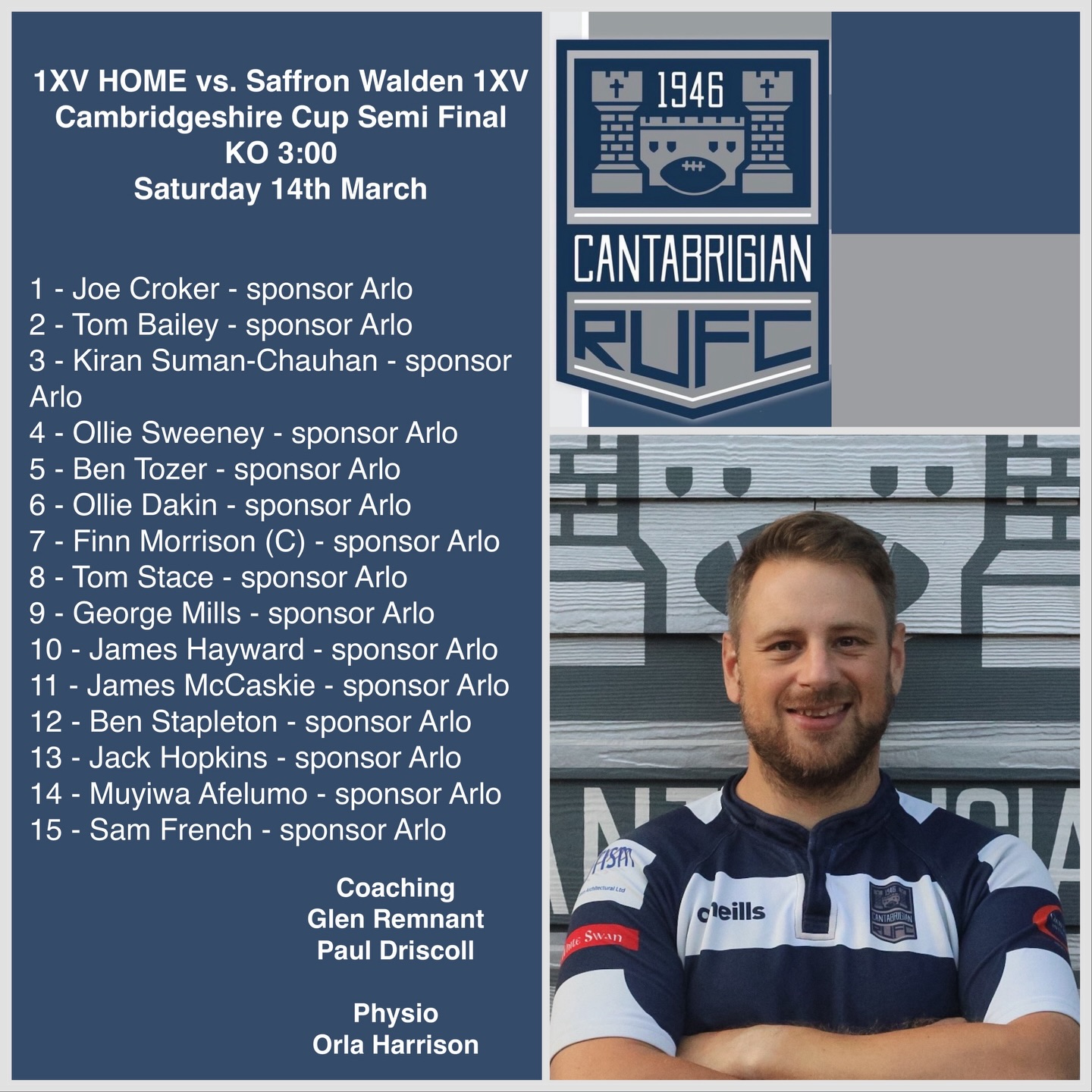 💥SQUAD ANNOUCEMENT💥
SEMI FINAL OF THE CAMBRIDGESHIRE CUP 🏆
The 1XV will be facing @saffronwaldenrugbyclub at HOME tomorrow! Kick off 3pm 🎉
Get well soon Arlo, we can’t wait to have you back at Cantabs 💙🤍💙
📸 @bwsportsphotography
#rugby #cantabs #cantabsrugby #socialrugbyincambridge #cambridge