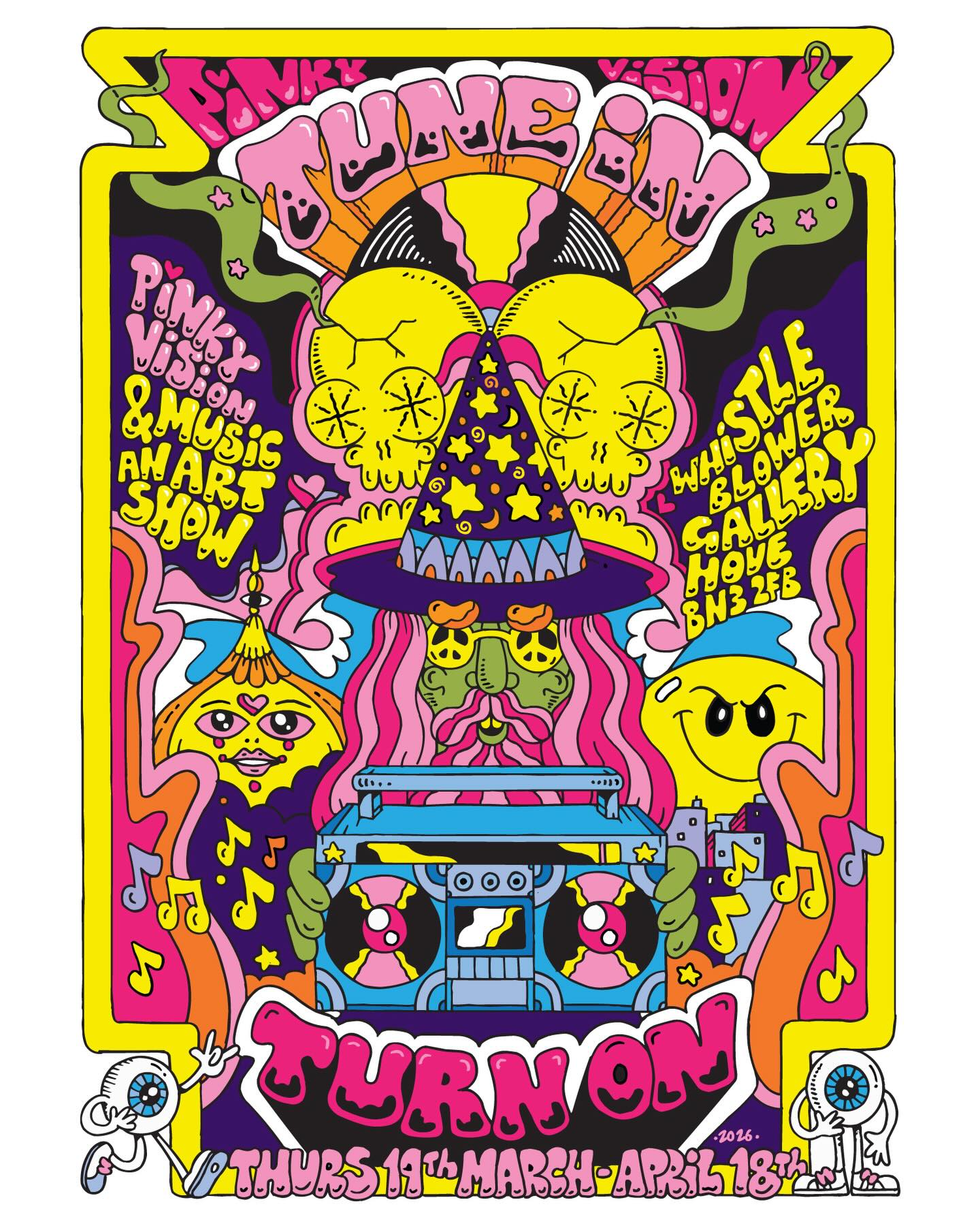 Join us for the opening of Tune In Turn On, a new exhibition celebrating the musical influences that have shaped Pinky’s work for more than three decades.
Music has always been present in Pinky’s studio. Albums pile high, music ephemera lines the walls, and the sound of records playing provides the rhythm to his working day. This lifelong connection has naturally found its way into his art.
Come join us for the private view, 19 March 6.30-8.30.
Art, Music and Vibes.
Show dates: 20 March - 18 April, 2026
@thepinkyvision
@whistleblowergallery