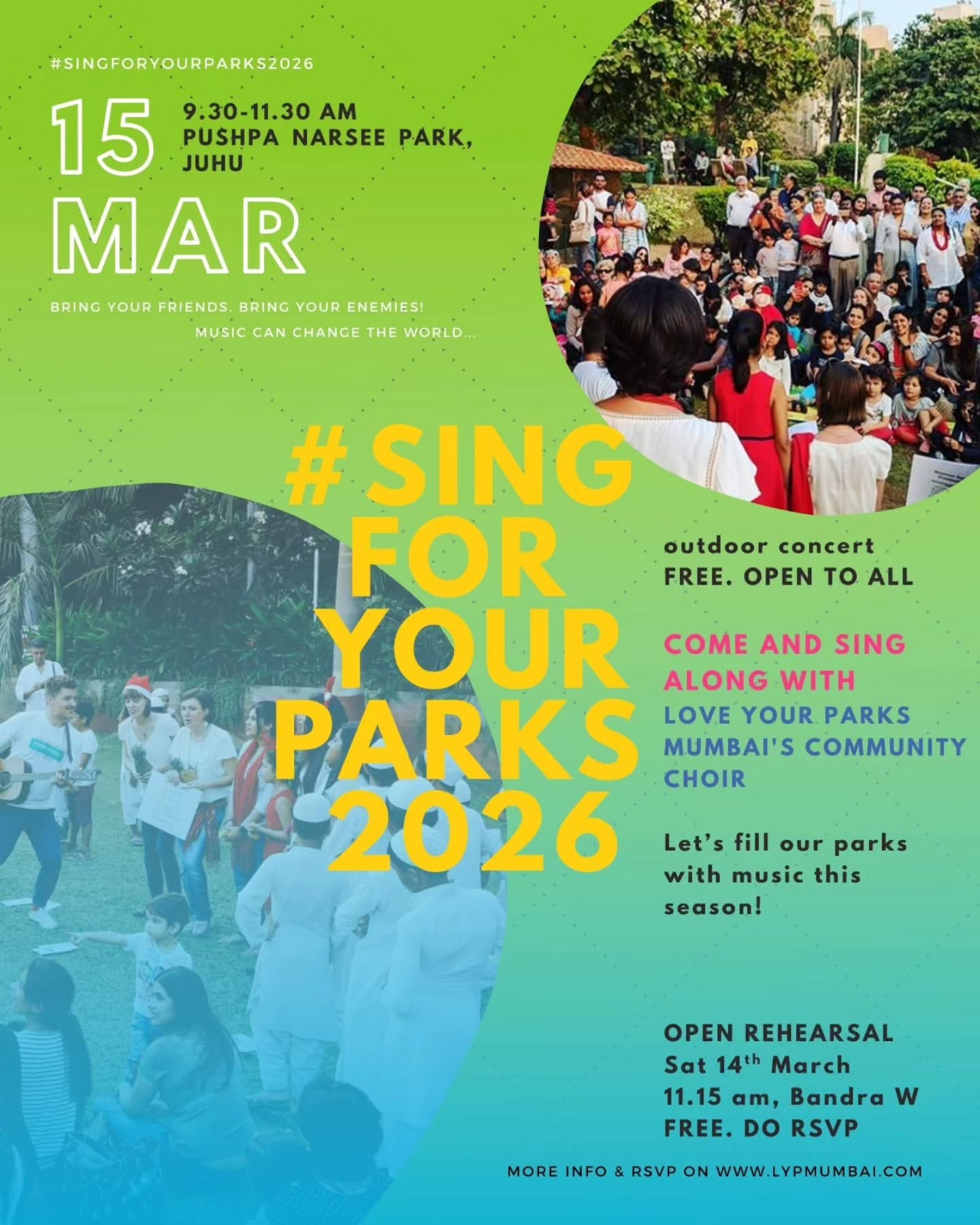 SingForYourParks is back!
LYPMumbai chorus and friends, let's go!
SAVE THE DATES:
Love Your Parks Mumbai invites you to a beautiful weekend:
SATURDAY, 14 March : Open rehearsal - community choir singing workshop Saturday morning
Free. Limited seats. More info and RSVP on www.lypmumbai.com (link in stories too)
SUNDAY, 15 March
Lots of fun for all ages, Free and open to all
Check posters for all info :)
LYPMumbai chorus brings us hope.
Choir director: Petra Misquita ft. Rising Voices
Music can change the world. And it's always better when we're together! Do you agree?
Tag someone who should sing with us!
Join us as we fill our parks with music this season!
#loveyourparksmumbai #loveyourparksdays
#singforyourparks