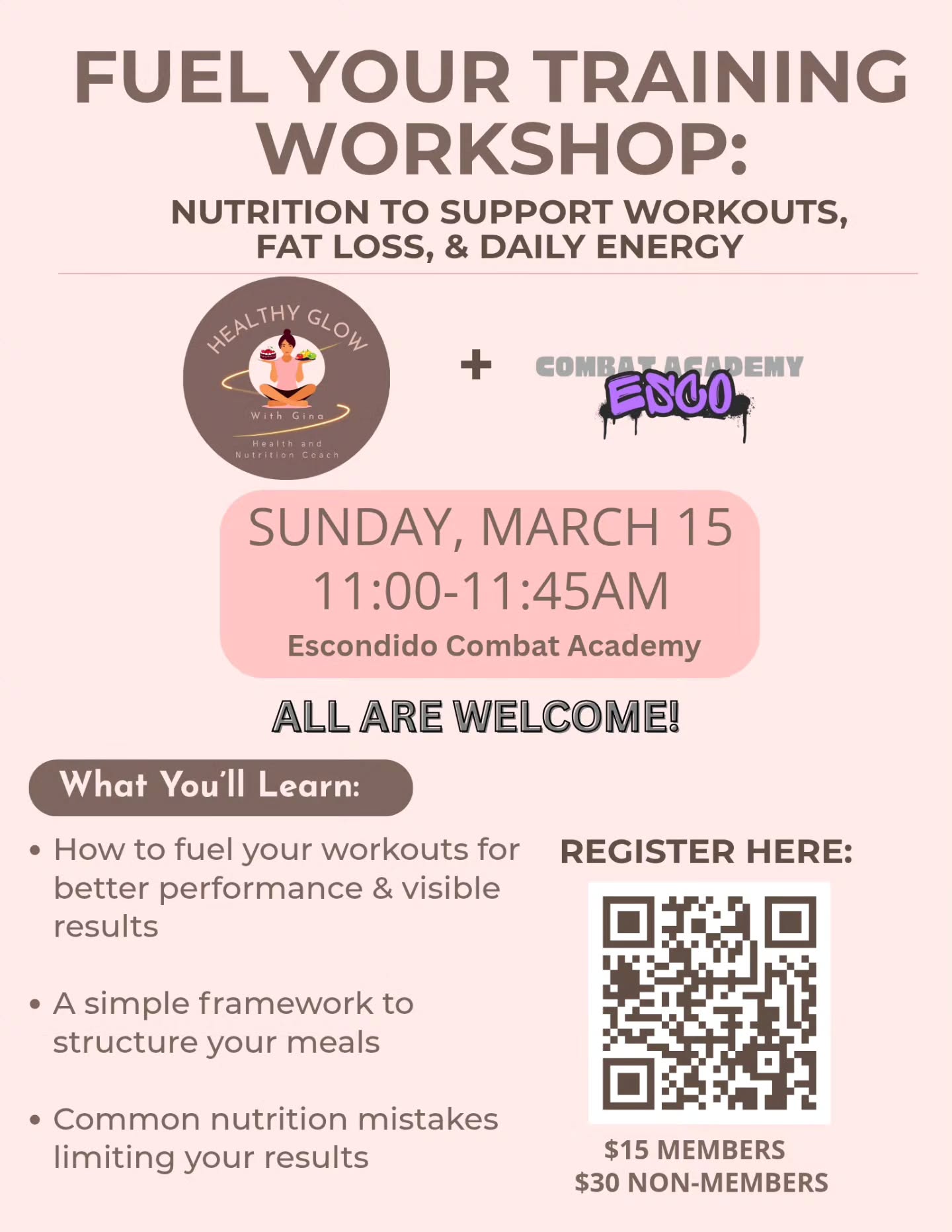 You train hard, but are you fueling your body the right way?
I’m excited to partner with @escondido_combat_academy to bring you this nutrition workshop designed to help you better support your training and see the results you’re working for.
Many people put in the work in the gym but struggle to see the results they want because they’re unsure how to structure their nutrition.
In this workshop, we’ll break down the basics of macronutrients and how to fuel your body in a way that supports better workouts, recovery, and visible results.
This workshop is for you if:
👉You train regularly but aren’t sure how to fuel your body properly
👉 You want better energy for both workouts and everyday life
👉You’re trying to lose fat or see more visible results from your workouts
👉You feel confused about nutrition or how to structure your meals
My goal is to keep this practical, approachable, and something you can actually apply to your daily routine.
📅 Date: Sunday, March 15; 11:00AM
📍 Location: Escondido Combat Academy
💲 $15 members | $30 non-members
Open to members, families & the community!
Spots are limited so be sure to register through the QR code in the post ASAP!
#visitescondido #downtownescondido #escondidoevents #escondidowellness #escondidofitness