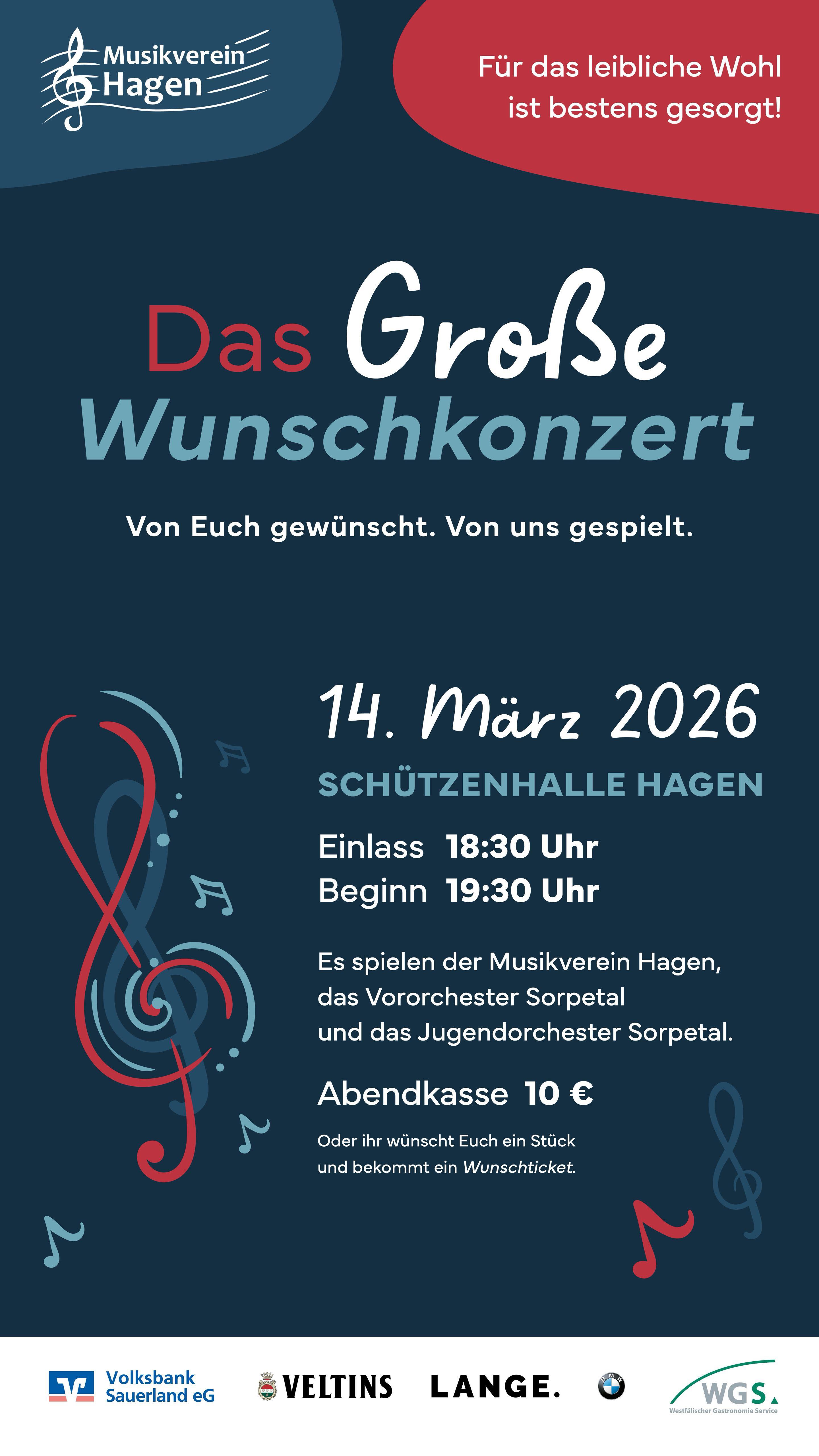 Es ist mal wieder Dienstag Abend und was hören wir im Dorf?
Natürlich - wunderbare Klänge aus dem Musikhaus, denn die Konzertproben laufen auf Hochtouren! 🙌🎶
Diesen Samstag Abend zeigen wir unser Können bei unserem diesjährigen Wunschkonzert auf der Bühne. 👏
Wir freuen uns auf Euch! 🤩
Ihr habt noch einen Lied Wunsch für‘s Konzert?
Kein Problem! Sichert euch vergünstigten Eintritt und euren Favoriten Song direkt hier:
➡️ Musikwunsch@musikvereinhagen.de
Bis Samstag 🥳