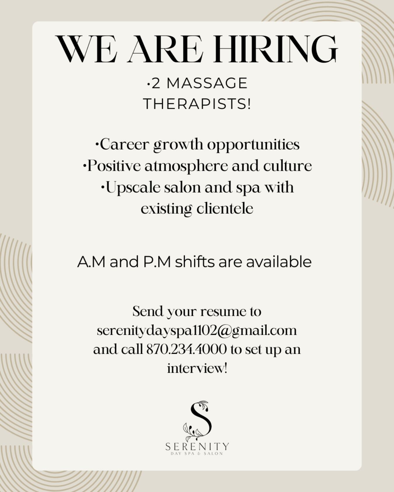 Serenity is growing and we are looking for TWO Licensed Massage Therapists to join our team! 💆🏼♀️
We have a thriving, loyal clientele ready for the right fit. If you are passionate about your craft, committed to excellence, and love creating an elevated guest experience, we would love to meet you. 💌
Serenity is not just a workplace. It is a culture. We believe in professionalism, teamwork, personal growth, continued education, and serving our community with heart. Our environment is positive, drama free, growth minded, and client focused. We support one another, celebrate wins, and hold a high standard for the experience we provide.
We are looking for someone who
• Is licensed and confident in their skills
• Has a servant heart and strong work ethic
• Values team culture and communication
• Desires long term growth and stability
• Takes pride in pride in professionalism and guest care
If you are looking for more than just a job and want to be part of something intentional and thriving, this could be your place. 🤩
Send your resume to serenitydayspa1102@gmail.com or message us directly at 870.234.4000 to schedule an interview!
Come grow at Serenity 🪴🩵🤍
#salonandspa #shoplocalshopmagnolia #sdsmagnolia #massagetherapist #helpwanted