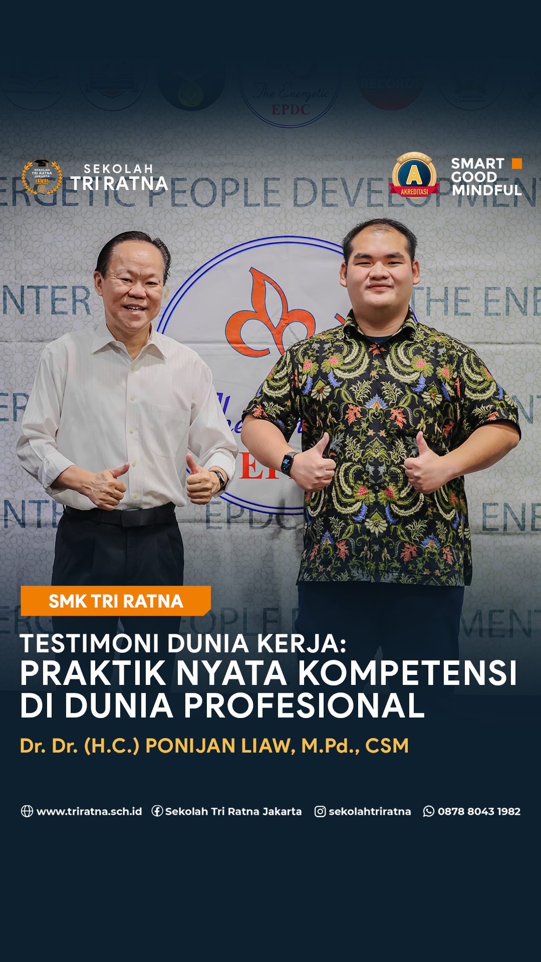 SMK Tri Ratna kembali mendapat kepercayaan dari dunia usaha dan industri, dari EPDC Training Indonesia melalui Bapak Dr. Dr. (H.C.) Ponijan Liaw, M.Pd., CSM®️ @ponijanliaw
Steven Sanjaya, murid SMK Tri Ratna, dipercaya untuk mendokumentasikan kegiatan Sertifikasi Sertifikasi Professional Communicator di Jakarta. Kesempatan ini menjadi pengalaman berharga bagi Steven untuk menerapkan keterampilan yang telah dipelajari secara langsung di dunia profesional.
Kepercayaan ini menunjukkan bahwa proses belajar di SMK Tri Ratna tidak hanya membangun kemampuan teknis, tetapi juga membentuk murid menjadi pribadi yang profesional, percaya diri, dan siap menghadapi dunia kerja.
SMK Tri Ratna @smktriratna berkomitmen menghasilkan lulusan yang unggul, siap kerja dan mampu memberi dampak positif di masyarakat.
Ingin jadi lulusan yang siap kerja?
Bergabunglah bersama SMK TRI RATNA!
🔗 psb.triratnaschool.sch.id
☎️ +62 878-8043-1982
SMART • GOOD • MINDFUL
#sekolahjakarta #sekolahbuddhajakarta #sekolahtriratna #sekolahjakartabarat #mindfulschool