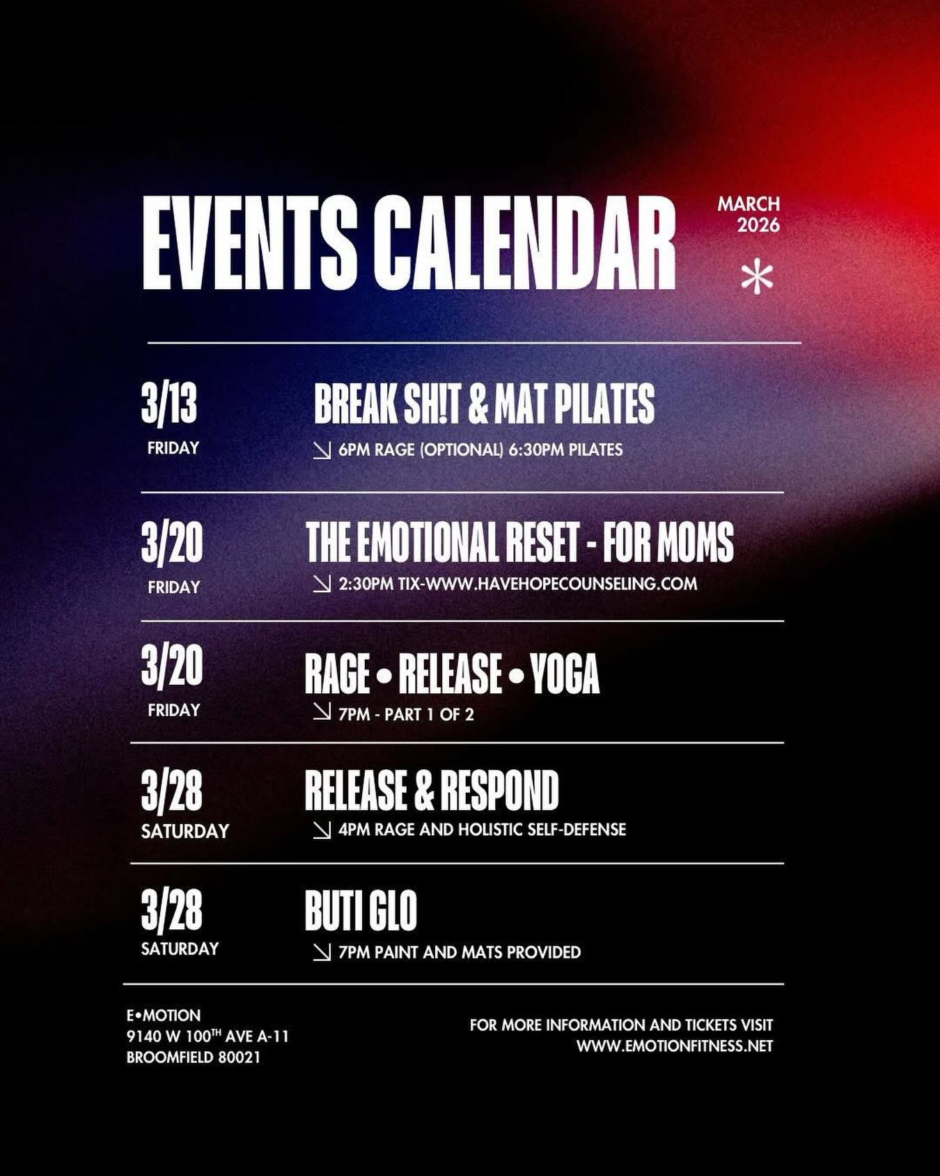 Collaboration is the name of the game in 2026.
March is stacked with powerful partnerships and experiences you won’t find anywhere else.
Yes, we’re breaking some sh!t — obviously.
But we’re also pairing it with Mat Pilates, yoga, self-defense, Buti Glo, nights for moms who need a reset… and more coming soon (hello Zumba, empowering photography and business networking 👀).
Everything happening inside these walls is built in collaboration with the most incredible instructors, therapists, and genuinely good humans. People who care about your nervous system. Your healing. Your power.
I’m so excited to keep building this community with you.
Head to the website and find the combo your body’s been craving. www.emotionfitness.net
