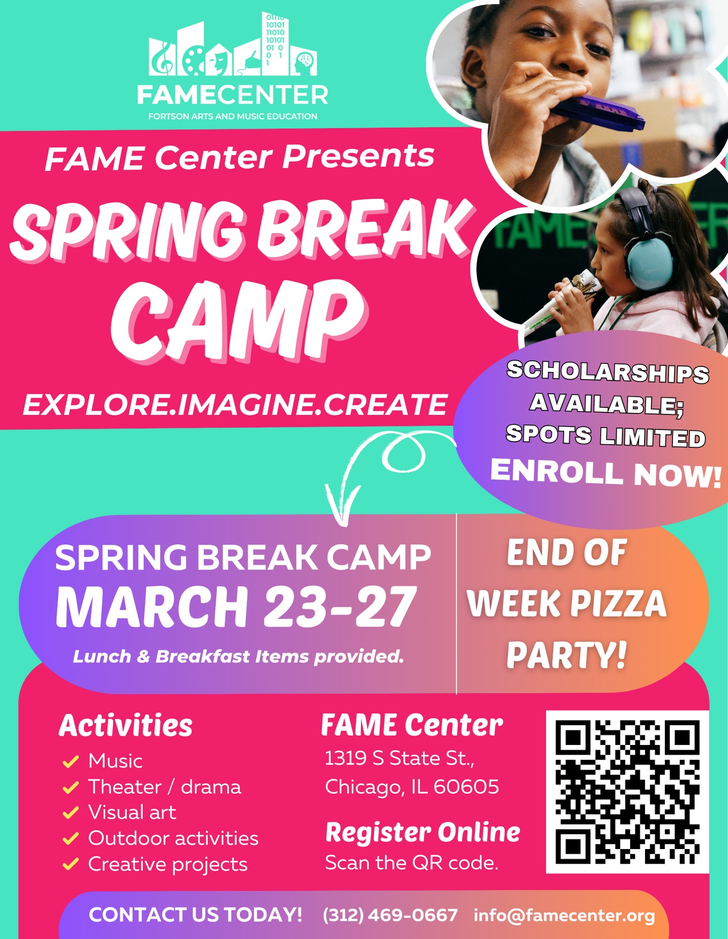 FAME’s Spring Break Camp is coming up for 2026, and we’re so excited to build on the creative momentum we saw last year from our amazing campers!
Join us from March 23rd – 27th for a fun-filled week of creativity, learning, and community. Campers will explore a variety of exciting activities from professional teaching artists including:
Music
Theater & Drama
Visual Arts
Outdoor Activities
Creative Projects
In partnership with @nourishinghopechi, breakfast and lunch snack items will be provided daily for all campers. FAME also provides scholarship for qualifying families.
Join us again this year for a weeklong journey of tapping into and harnessing the creative potential within every child.
🔗 To learn more and register, click the the ‘Spring Break Camp 2026’ link in our bio.
Questions?
Email info@famecenter.org
Or call (312) 469-0667
