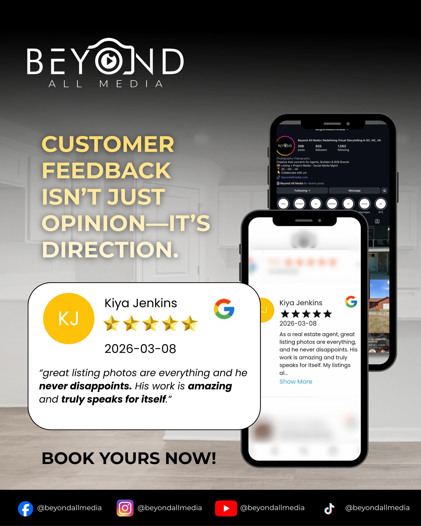 The best marketing isn’t what we say about ourselves…
It’s what our clients say about us.
Every listing has a story.
And when realtors trust us to capture that story, we don’t take it lightly.
Because great listing photos aren’t just about cameras.
They’re about experience, timing, and knowing what matters.
This review from @kiya_jtherealtor meant a lot to our team:
⭐ “Great listing photos are everything and he never disappoints. His work is amazing and truly speaks for itself.”
That’s the goal every time we show up.
Not just photos.
Not just media.
Confidence for the seller.
Excitement for the buyer.
Results for the agent.
If you’re a realtor who believes your listings deserve more than “just photos”, we’d love to work with you.
📩 Send us a message or tap the link in bio to book your next listing.
Realtors — what’s the #1 thing you look for in a listing photographer?
👇 Tell us in the comments.
#RealEstateMarketing #ListingPhotography #ListingAgent #BeyondAllMedia