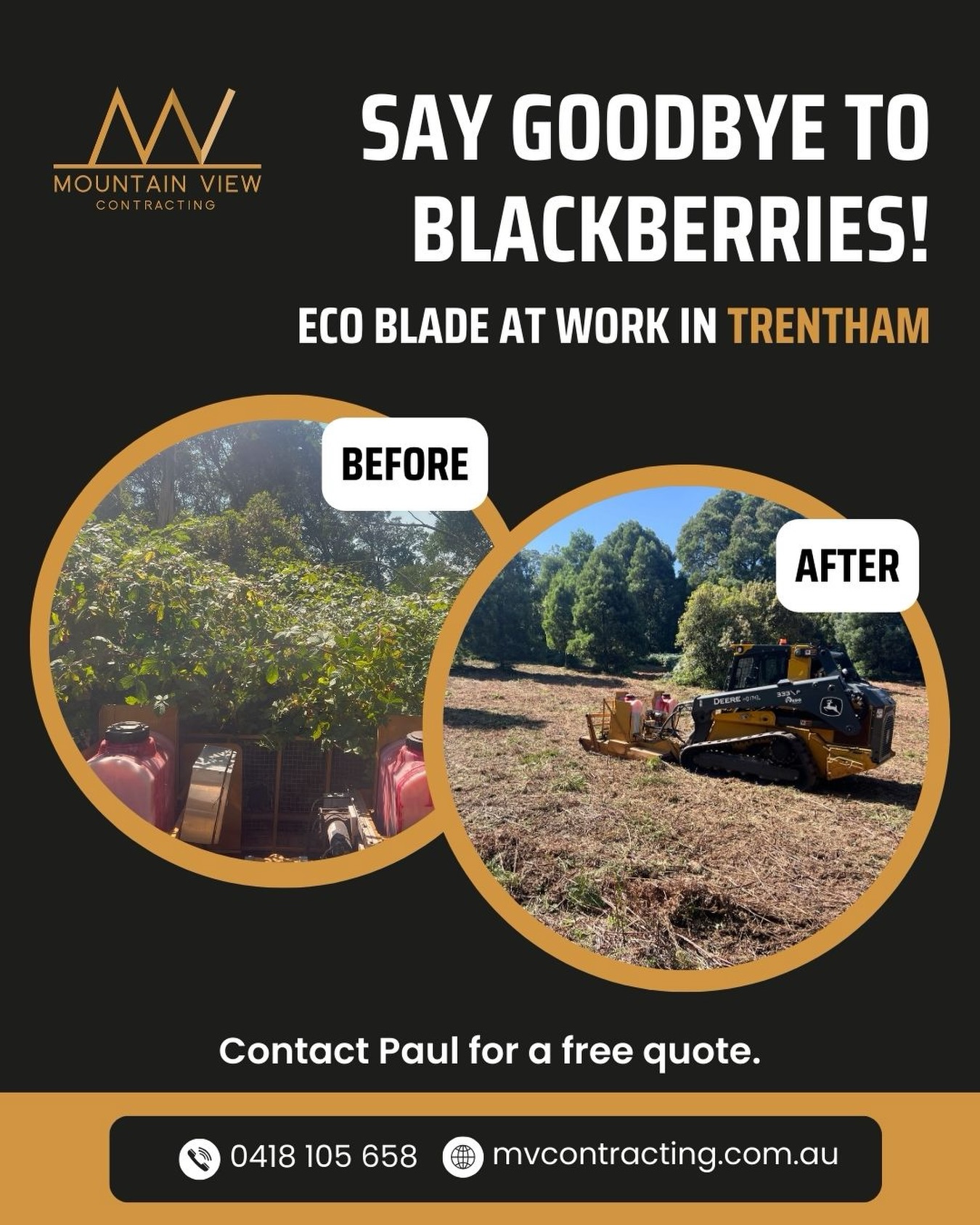 Blackberries can creep in slowly - but before long, they take over entire blocks. This before-and-after in Trentham shows how the Eco Blade takes back control, cutting and treating weeds right at the root.
It’s not just about clearing, it’s about stopping the cycle of regrowth. And with the weather still dry, now’s the time to act while machinery access is on your side.
Contact Paul via messenger or the MVC website for a free quote.
https://www.mvcontracting.com.au/