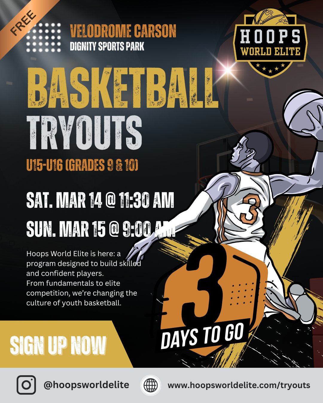 🏀 3 Days Until Tryouts
Hoopers from Carson, LA, Torrance, Gardena, and Long Beach — your opportunity is here.
Hoops World Elite U15–U16 Tryouts will take place under the Olympic flags at the Velodrome inside Dignity Health Sports Park.
📍 Velodrome – Carson
📅 Sat. March 14 — 11:30 AM
📅 Sun. March 15 — 9:00 AM
If you're ready to compete, develop your game, and earn your spot — show up and prove it.
⚠️ Limited tryout spots remain.
👉 Register now:
https://bit.ly/hoopstryouts
Link in Bio
