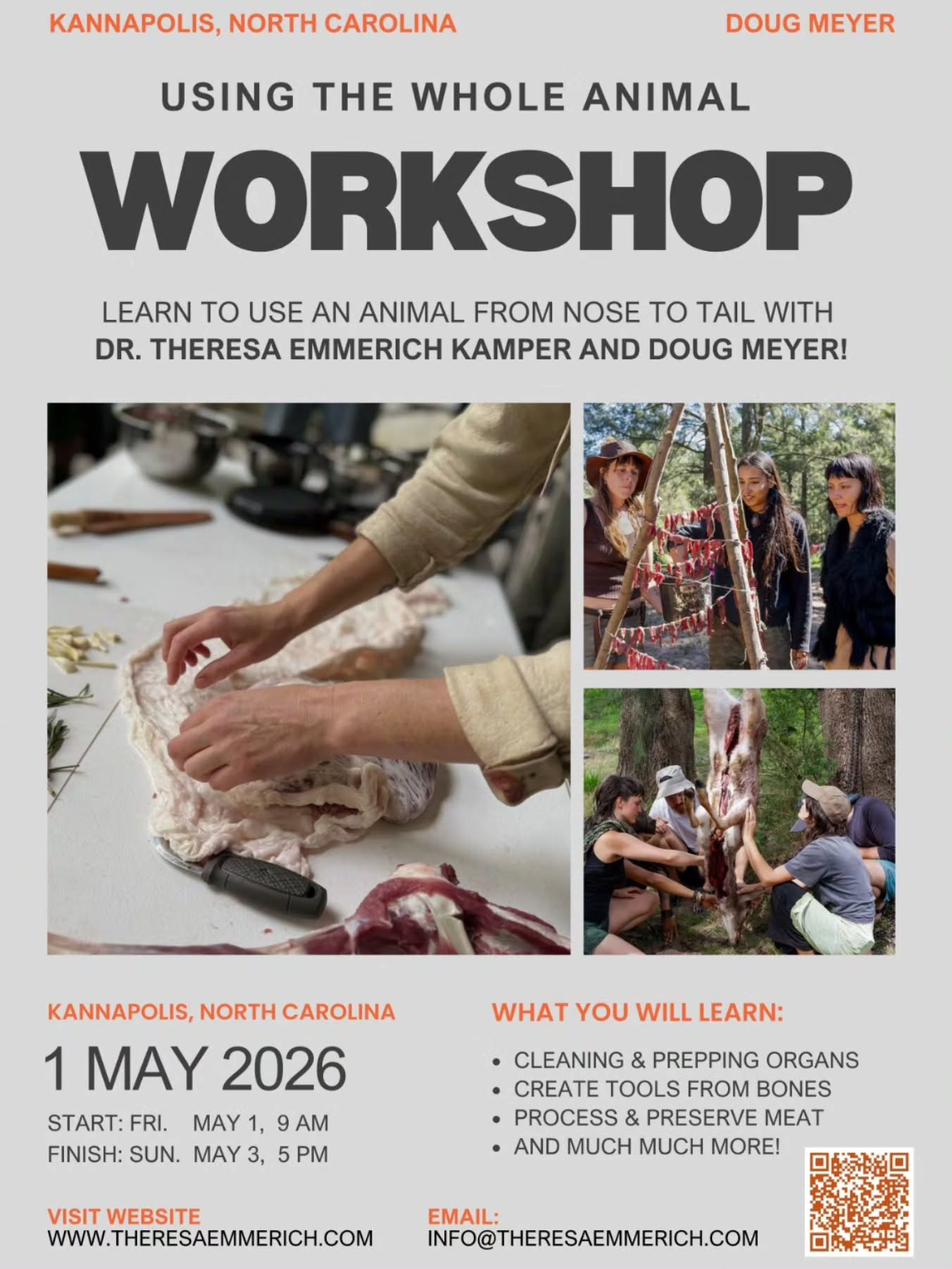 Come join me in Kannapolis, North Carolina from May 1 -3 for a 3-day course in animal processing. We go nose to tail and teeth to toes in this course on ways to use every part of the animal!
Our host, Douglas S. Meyer, will take great care of us - as he always does! And he has one of the best libraries out there on primative technology, bushcraft and survival for you to check out! As well as an incredible collection of replicated artefacts!
Come learn a bunch of stuff you never knew you never knew!! 😂😂
Scan the QR code for all the details and link to sign up.
9 spots left. 😀
#animalprocessing
#primitiveskills #traditionalskills #sustainableliving
#usingthewholeanimal