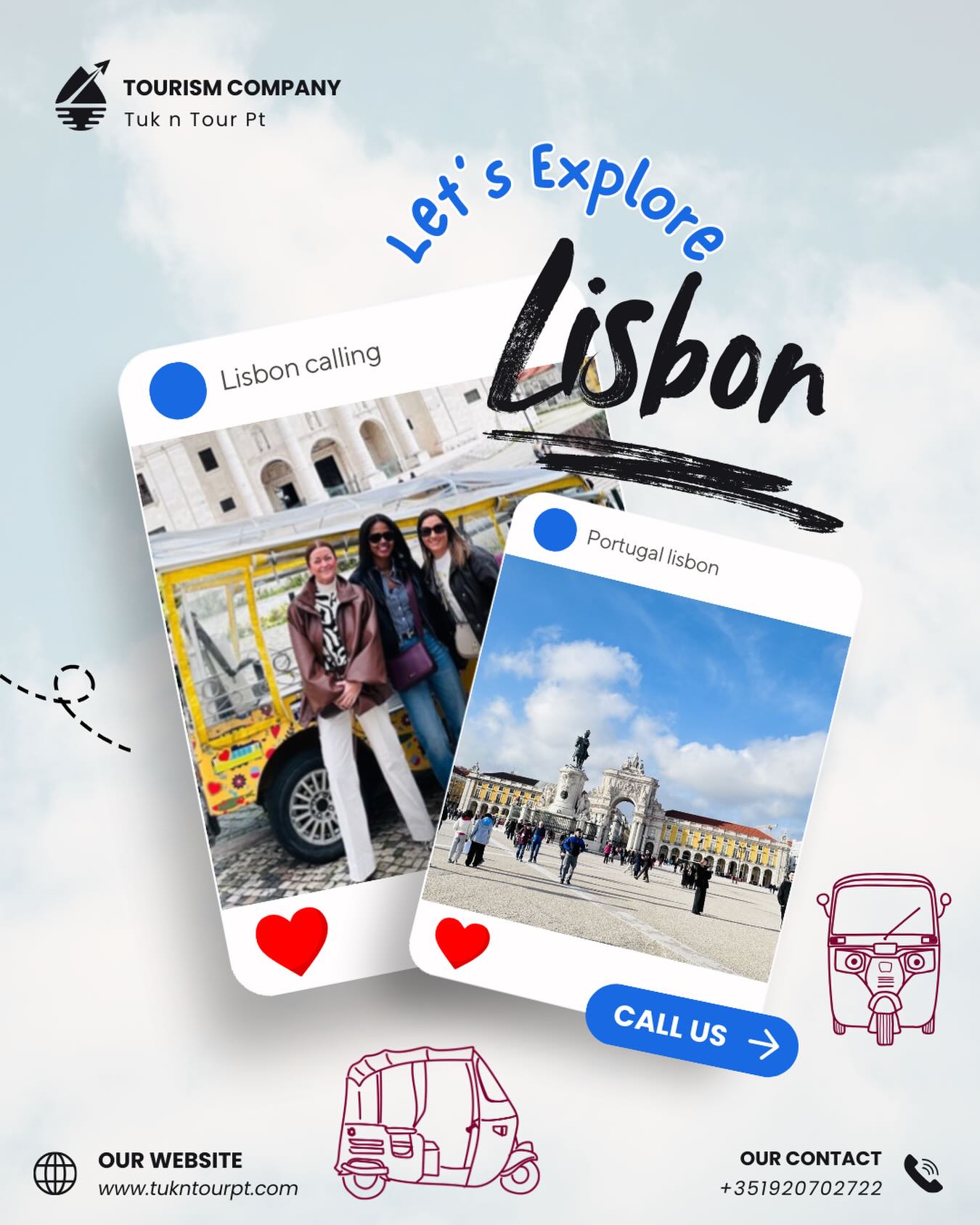 Tired of climbing Lisbon’s 7 hills? 🇵🇹🛺 Let Tuk ‘n Tour take the lead!
Experience the magic of Alfama, Mouraria, and the best Miradouros without the tired legs. Plus, every tour comes with free souvenir postcards to remember your trip! 📸✨
Ready to explore?
📞 WhatsApp/Call: +351 920 702 722
🌐 Official Website: www.tukntourpt.com
Book via your favorite platform:
🎫 GetYourGuide:
https://www.getyourguide.com/en-gb/lisbon-l42/lisbon-private-tuk-tuk-tour-with-free-souvenir-postcards-t1059094/
🎫 Viator:
https://www.viator.com/search/5635537P1?mcid=70066
Let’s make your Lisbon trip unforgettable! 💨