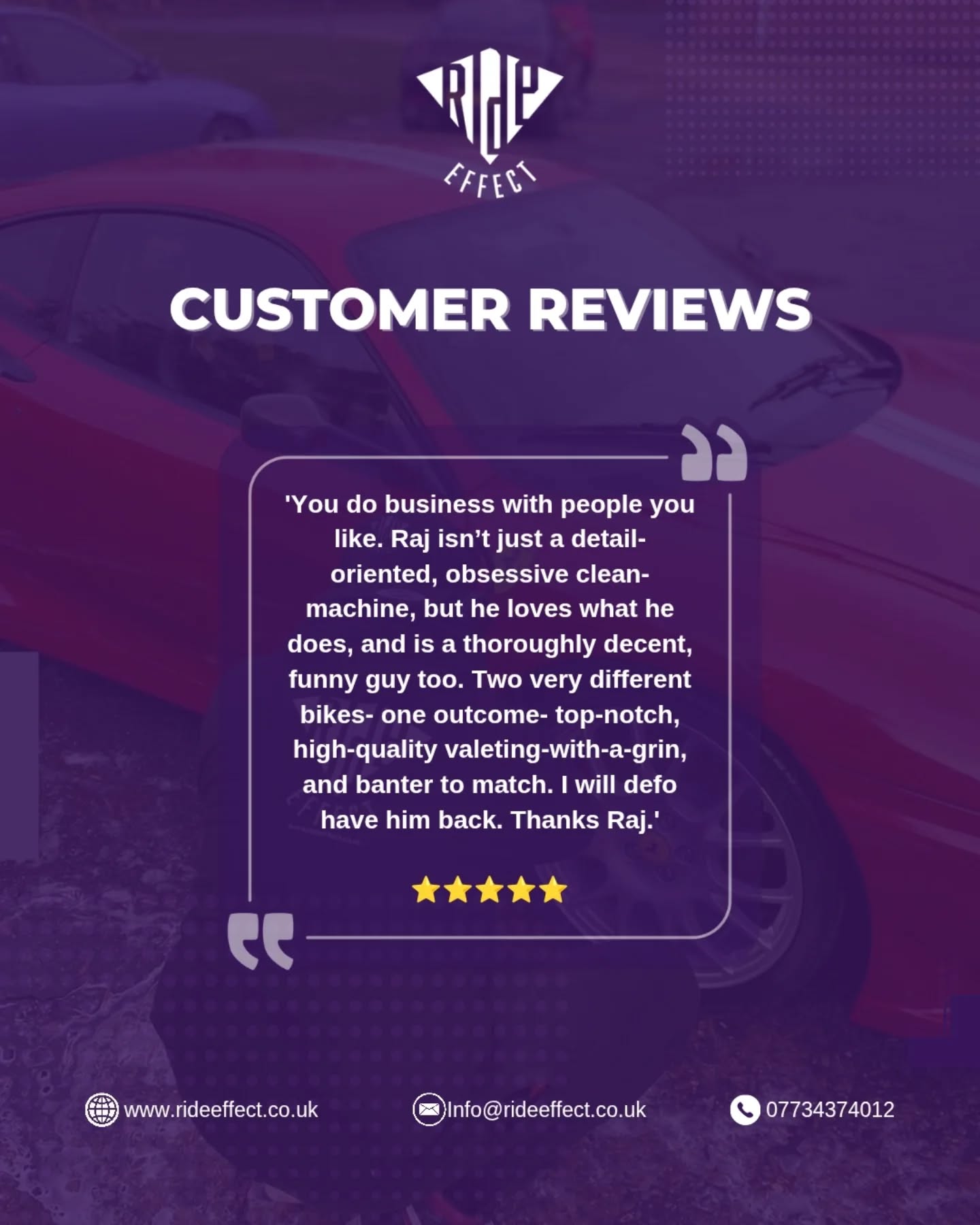 Maintaining your ride extends beyond mere cleaning; it is crucial for preserving your investment.
Thats where Ride Effect stepped in.
Keep your ride shining year-round with our Maintenance Scheme — perfect after any of our premium cleans. Stay booked every 4–6 weeks to retain value and avoid end-of-lease charges.
✨ Professional Mobile Valeting & Detailing Specialists
🌐 www.rideeffect.co.uk
📞 +44 7734 374012
📧 info@rideeffect.co.uk