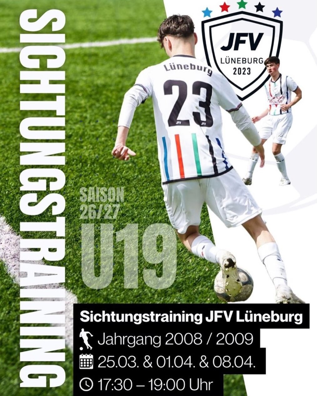 🔥 SICHTUNGSTRAINING U19 – SAISON 2026/27 🔥
Du bist Jahrgang 2008 oder 2009 und willst dich auf hohem Niveau weiterentwickeln?
Dann komm zum Sichtungstraining der U19 des JFV Lüneburg! 💪⚽
📅 Termine: 25.03., 01.04. & 08.04.
⏰ Uhrzeit: 17:30 – 19:00 Uhr
📍 Ort: Kunstrasenplatz, Sültenweg 20, 21339 Lüneburg
Wir suchen motivierte Spieler der Jahrgänge 2008 & 2009 für unsere U19 in der Saison 2026/27.
Nutze deine Chance und zeig uns dein Können!
👉 Infos & Anmeldung über den Link in der Bio
#jfvlueneburg #sichtungstraining #u19 #nachwuchsfussball #fussball lueneburg jugendfussball tryout talente fussballtalent niedersachsen footballtrials
