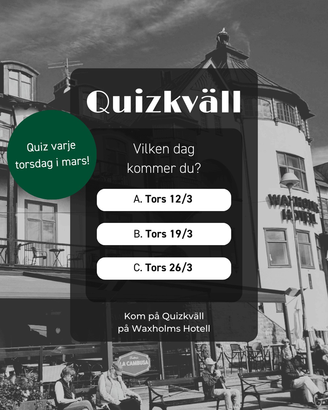 Flerval tillåtet 😉
Torsdagskvällar på Nyckelbaren i mars har vi quiz, bra stämning och en anledning att samla vännerna. Ta något att dricka och imponera på dina vänner (eller totalfloppa...)
12/3 · 19/3 · 26/3
Start 18:00
Programleds av härliga @clarulk, @jontetengwall och @marcusthapper
Vi ses då på Nyckelbaren!