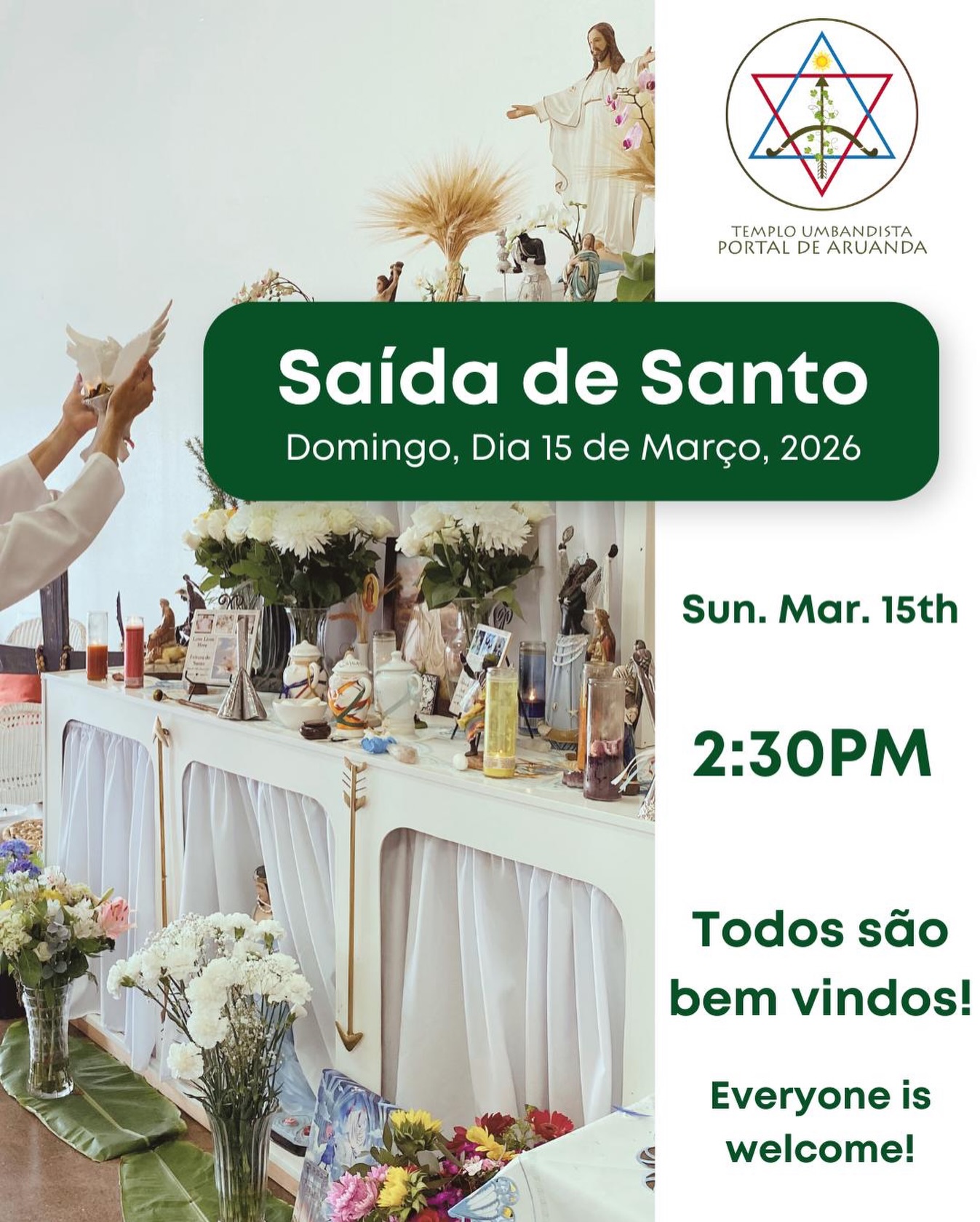 Neste domingo, dia 15 de março, nossa casa terá a alegria de realizar a Cerimônia de Saída de Santo de quatro médiuns.
A cerimônia terá início às 2:30pm.
A saída de santo é um momento muito especial dentro das tradições das religiões de matriz africana. Ela marca a conclusão de um período de preparo espiritual, estudo e recolhimento do médium com seu orixá. Nesse momento, o orixá se apresenta publicamente, celebrando a conexão espiritual, a ancestralidade e o renascimento espiritual do iniciado.
Neste dia não haverá consultas com entidades nem trabalhos espirituais, pois a cerimônia será dedicada exclusivamente à manifestação e apresentação dos orixás.
This Sunday, March 15th, our house will have the joy of celebrating the “Saída de Santo” ceremony for four mediums.
The ceremony will begin at 2:30pm
The Saída de Santo is a very special moment within Afro-Brazilian spiritual traditions. It marks the completion of a period of spiritual preparation, study, and dedication between the medium and their orixá. During this ceremony, the orixá is presented publicly, celebrating spiritual connection, ancestry, and the spiritual rebirth of the initiated medium.
On this day, there will be no consultations with spiritual entities or other spiritual work, as the ceremony will be dedicated exclusively to the manifestation and presentation of the orixás.