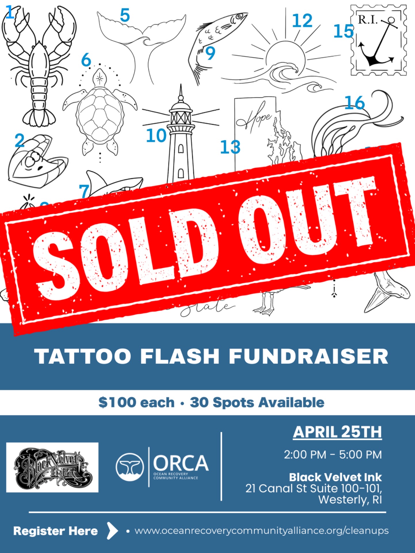 Thank you to everyone who has signed up for the tattoo fundraiser! Big thanks to @blackvelvetink_ri and their artists for creating this cool flash sheet. Grateful for your support and doing this fundraiser for ORCA💙
If you wish to be on the waitlist in case there are any cancellations, please do so on our website under the April 25th Misquamicut cleanup.
