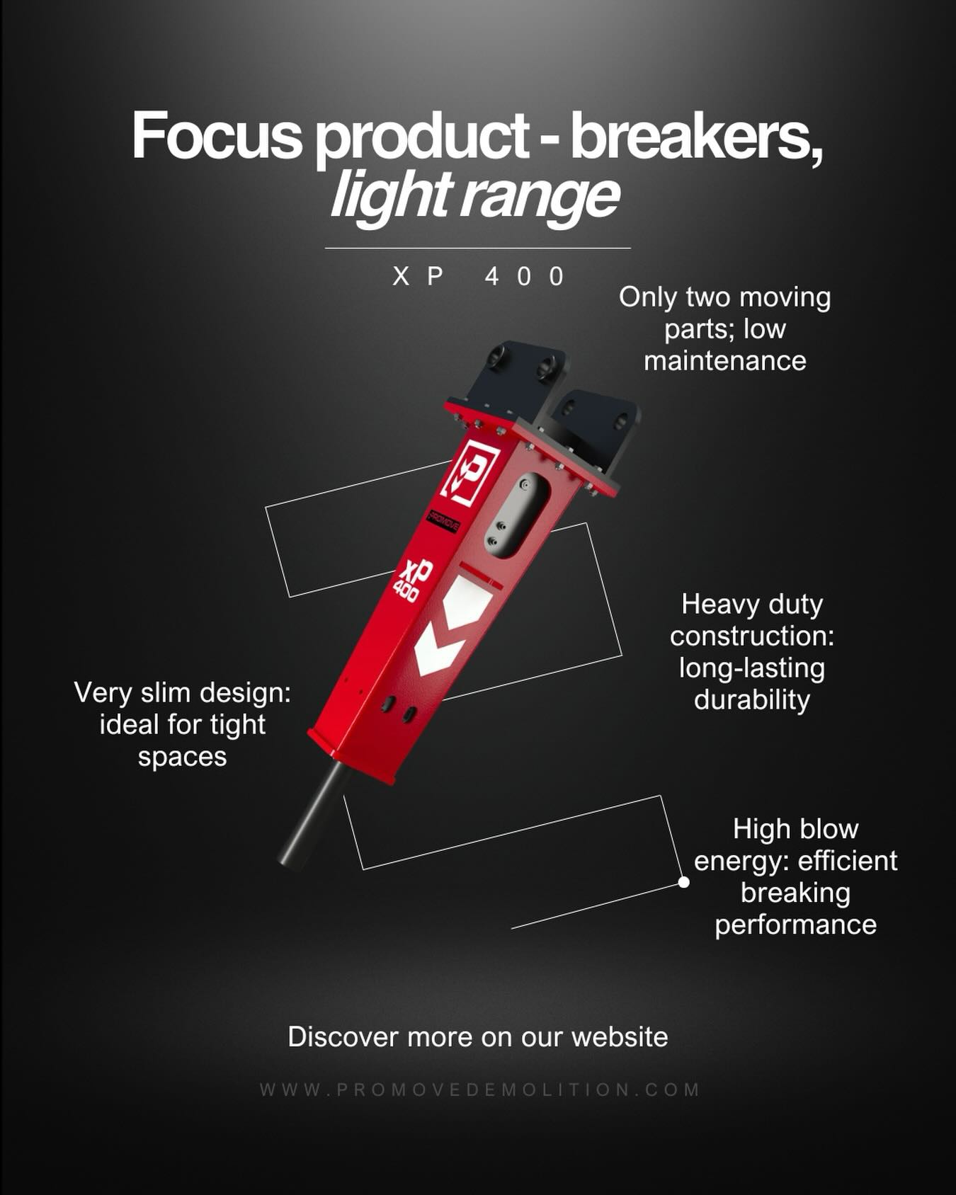 🇮🇹
Product Focus – XP 400 🔴
Parte della nostra gamma di martelli demolitori Light Range, l’XP 400 è progettato per garantire precisione, efficienza e durata in cantiere.
• Solo due parti in movimento – manutenzione ridotta
• Design molto compatto – ideale per spazi ristretti
• Elevata energia d’impatto – prestazioni di demolizione efficienti
• Struttura heavy duty – affidabilità a lungo termine
• Dotato di centralina di ingrassaggio automatico, che elimina la necessità di ingrassaggio manuale da parte dell’operatore
Una soluzione compatta per la demolizione del calcestruzzo e per applicazioni leggere.
Scopri di più sul nostro sito
www.promovedemolition.com
🇬🇧
Product Focus – XP 400 🔴
Part of our breakers light range, the XP 400 is designed for precision, efficiency and durability on site.
• Only two moving parts – low maintenance
• Very slim design – ideal for tight spaces
• High blow energy – efficient breaking performance
• Heavy duty construction – long-lasting reliability
• Equipped with an automatic greasing system, eliminating the need for manual greasing by the operator
A compact solution for concrete and light demolition applications.
Discover more on our website
www.promovedemolition.com
#Promove #HydraulicBreakers #DemolitionEquipment #ConstructionEquipment #LightRange