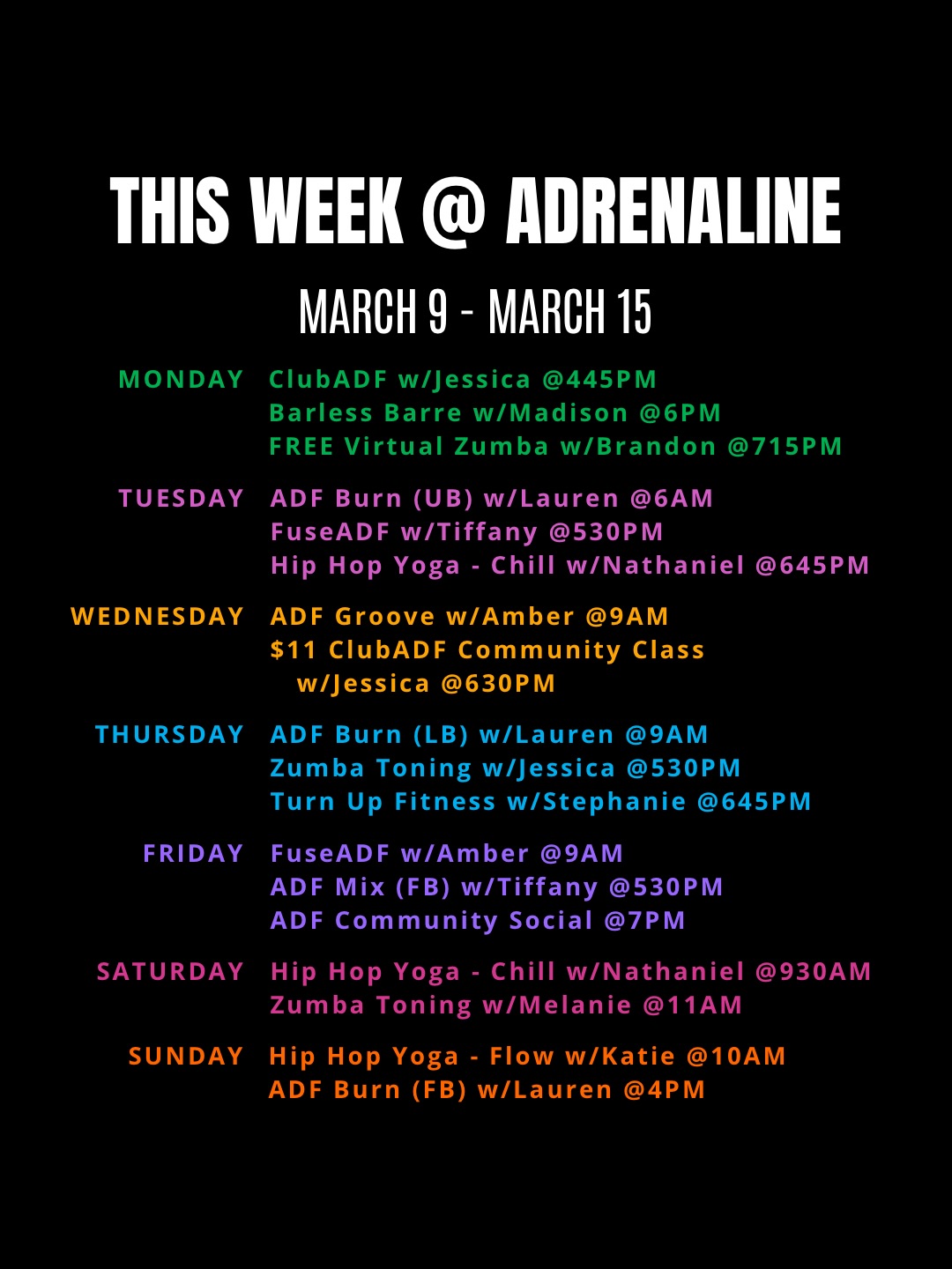 “Be not afraid of going slowly. Be only afraid of standing still.” — Chinese proverb
Heads up, Nathaniel and Melanie have switched class times for Saturday! THIS schedule is correct! ⬆️
#yeahthatgreenville #greenvillesc #gvl #gymfriends #funworkouts