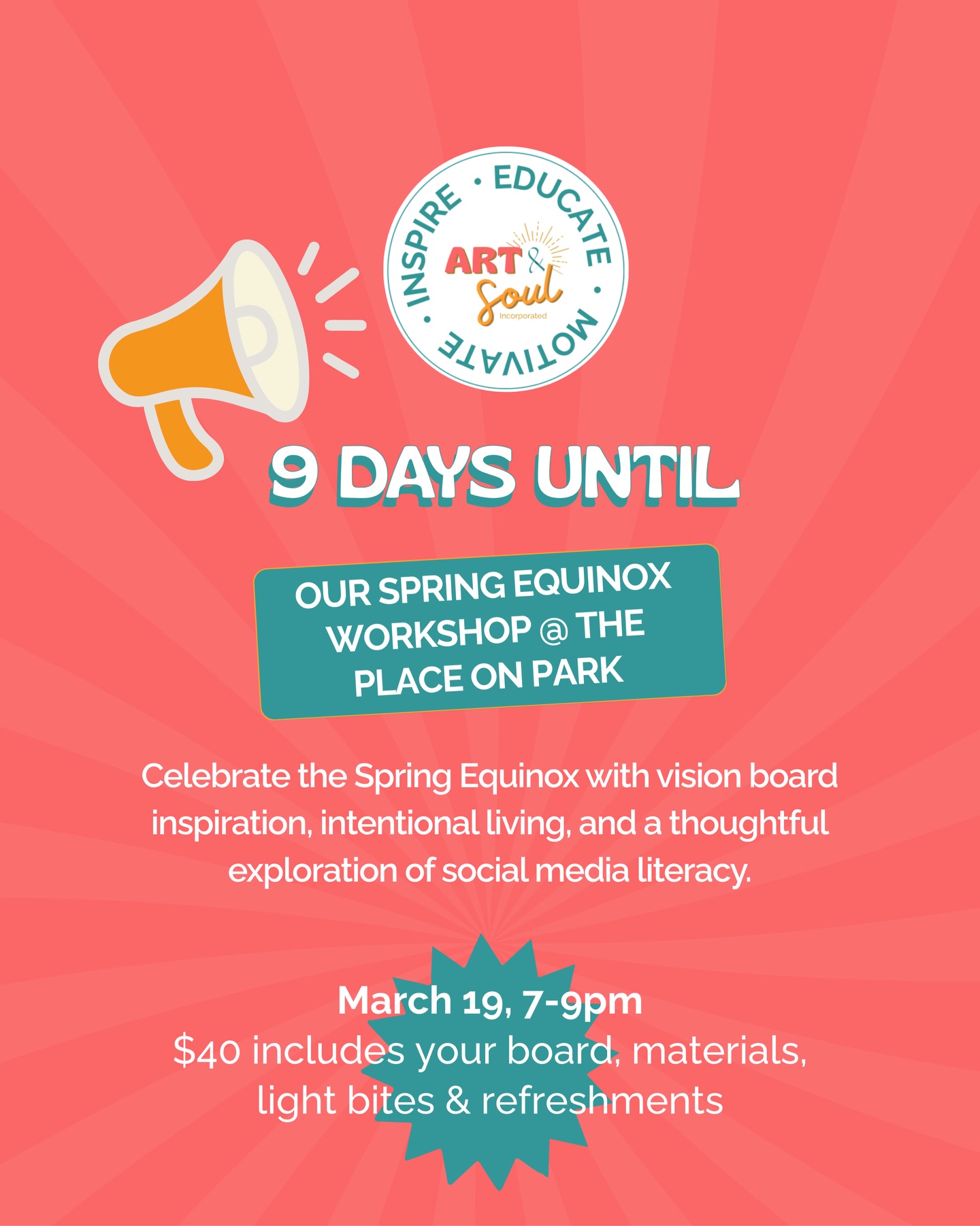 Celebrate the Spring Equinox with Art & Soul at The Place on Park. Join us for an evening of vision board creation, intentional living, and a thoughtful conversation on social media literacy.
March 19 | 7–9 PM
$40 includes your board, materials, light bites, and refreshments.