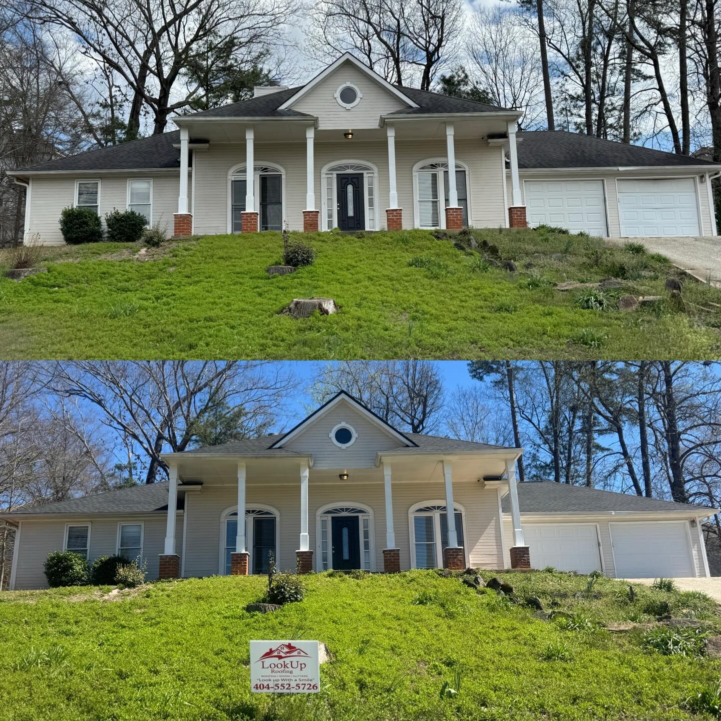 Before and after photos of a Newly Installed GAF Timberline Charcoal Natural Shadow Shingle Installment…