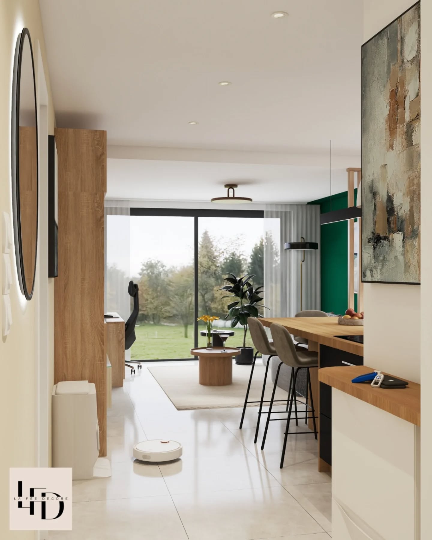 Repenser une pièce de vie pour qu’elle soit enfin agréable à vivre au quotidien ✅
Mickaël ne se sentait pas vraiment bien dans sa pièce de vie. Il la trouvait fade et pas très bien agencée.
🎯 L’objectif du projet : transformer cet espace d’environ 30 m2 pour qu’il soit à la fois plus structuré, plus chaleureux et plus fonctionnel, tout en intégrant un vrai coin bureau pour le télétravail.
Dans un seul volume, l’espace regroupe désormais : un salon confortable, un îlot dinatoire, une cuisine linéaire, un coin bureau et des rangements intégrés.
Pour organiser la pièce sans la cloisonner, j’ai notamment mis en place :
◾ un claustra pour séparer visuellement le salon de l’espace repas tout en laissant passer la lumière
◾ un mur accent vert émeraude pour délimiter le salon et lui donner du caractère
◾ un coin bureau près de la fenêtre, plus agréable pour travailler au quotidien
◾ un linéaire de rangements au-dessus de la zone TV et bureau pour optimiser l’espace
◾ un meuble TV suspendu pour alléger visuellement la pièce.
✔️ Côté ambiance, j’ai travaillé une palette douce et élégante : gris clair, sable, taupe fumé et vert émeraude, associés à des textures chaleureuses comme le tissu chiné, le bois et un mur à effet minéral.
Résultat : une pièce plus harmonieuse, mieux organisée et surtout plus agréable à vivre au quotidien ✨
✅ Formule choisie : Petit Cocon
👉 Dis-moi en commentaire, qu’est-ce que tu préfères dans cette transformation ?
Je suis curieuse de savoir ☺️
.
.
.
#décorationintérieure #piecedevie #decosalon #teletravail