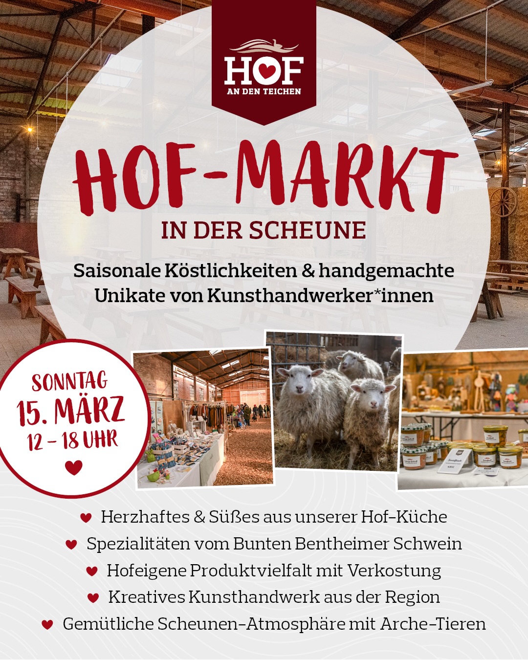 Unser erster Hof-Markt in diesem Jahr steht an - kommenden Sonntag, 15.3. von 12-18 Uhr.
Und endlich gibt’s auch wieder Flammkuchen - Foodbox und Café sind natürlich am Start, genau wie unser beliebter Waffelstand 🧇
Mit dabei:
🌸Wiebke von Amy's Blossom: @amysblossom (naturnahe Baby-und Kindermode)
🌊Kristina von Blom and Meer: @blomandmeer (Accessoires mit nordischem Flair, Kinderkleidung bis 122/128
🪡Andrea mit Kissen aus altem Leinen (Upcycling)
💍Joanna mit modernem Bernstein-Schmuck aus Silber
📿Teresa vom Aquatelier: @aquatelier_ (Schmuck mit Halbedelsteinen und Süßwasserperlen)
☀️Anne von Annis Strahlenwerk: @annis.strahlenwerk (Sonnenfänger)
🕯️Ruth von @ruth.regenbogen (kreative Deko, Kerzen & Co.)
🧶Barbara mit selbstgestrickten Produkten
🧽Janine von Cuddly Nine: @cuddlynine (Spülschwämme, Pads & Co.)
🪨Barbara mit ihren "gefilzten Steinen": https://barbara-rothamel.de/