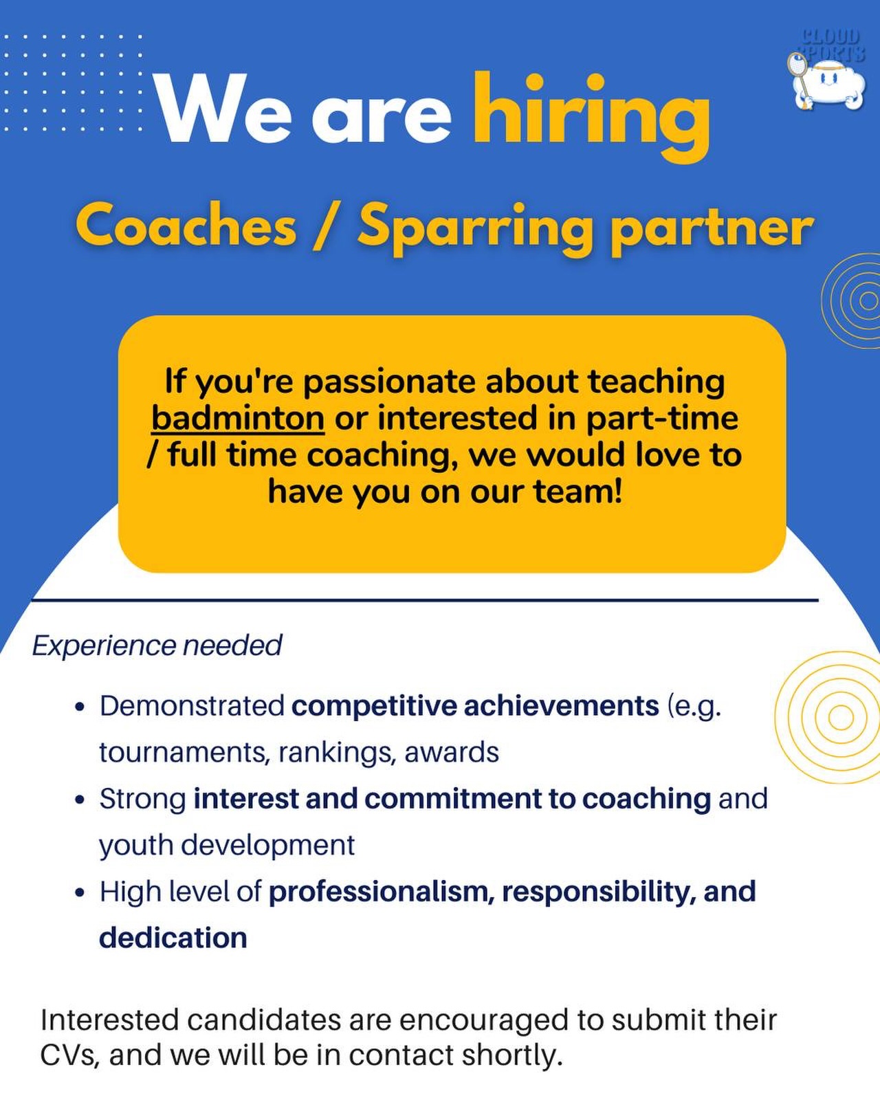 We’re growing our team 🏸
If you’re passionate about badminton and love helping others improve, we’re looking for coaches and sparring partners to join us (part-time or full-time).
If you have competitive experience and a strong commitment to coaching and youth development, we’d love to hear from you.
📩 Send us your CV via DM to apply.
Tag someone who might be interested!
#sgbadminton #badmintoncoach #sgsports #singaporebadminton #badmintonclub